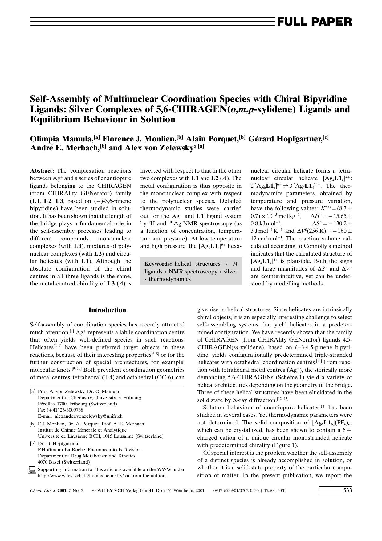 Self-Assembly of Multinuclear Coordination Species with Chiral Bipyridine Ligands: Silver Complexes of 5,6-CHIRAGEN(o,m,p-xylidene) Ligands and Equilibrium Behaviour in Solution by Unknown