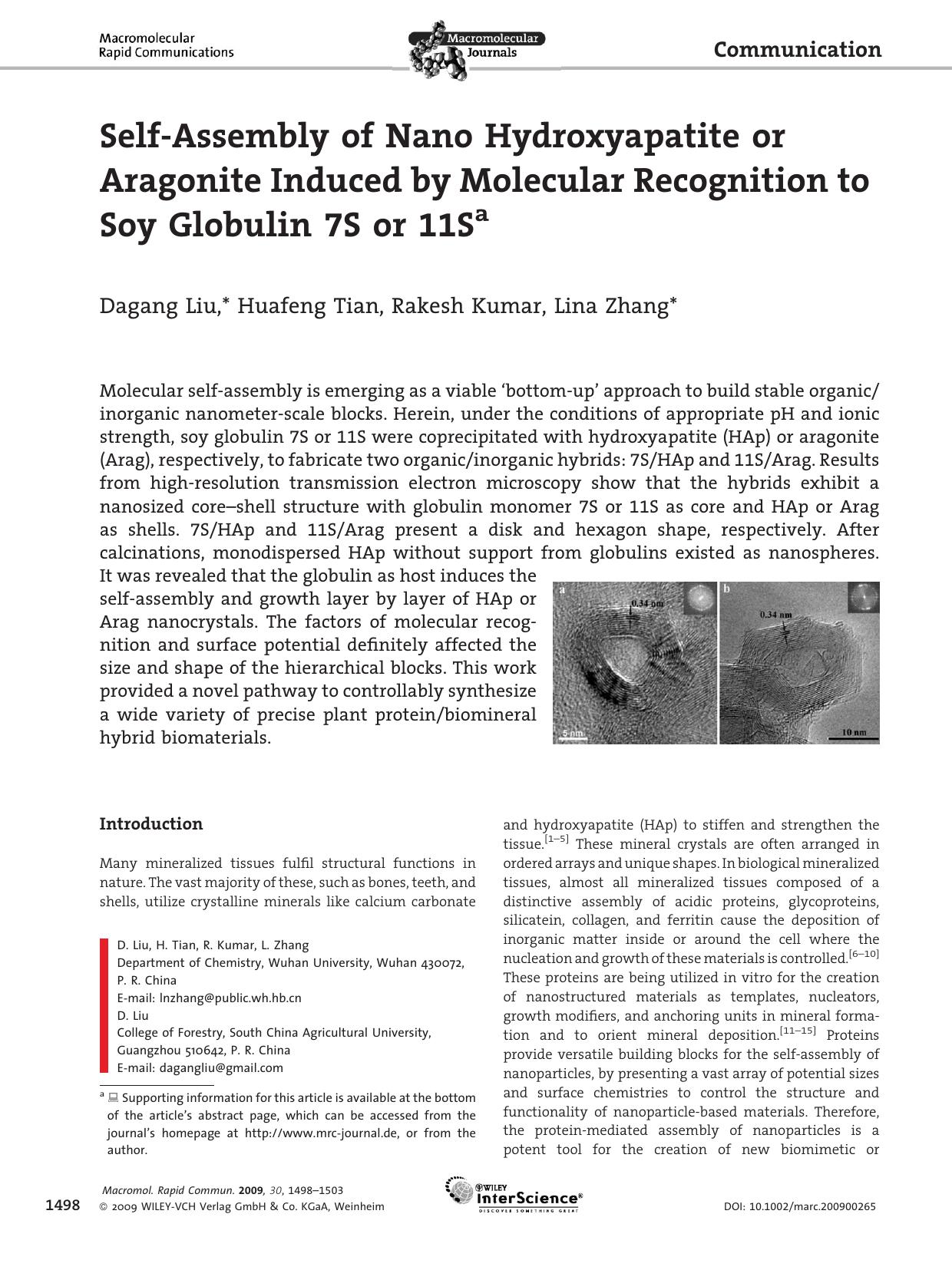 Self-Assembly of Nano Hydroxyapatite or Aragonite Induced by Molecular Recognition to Soy Globulin 7S or 11S by Unknown