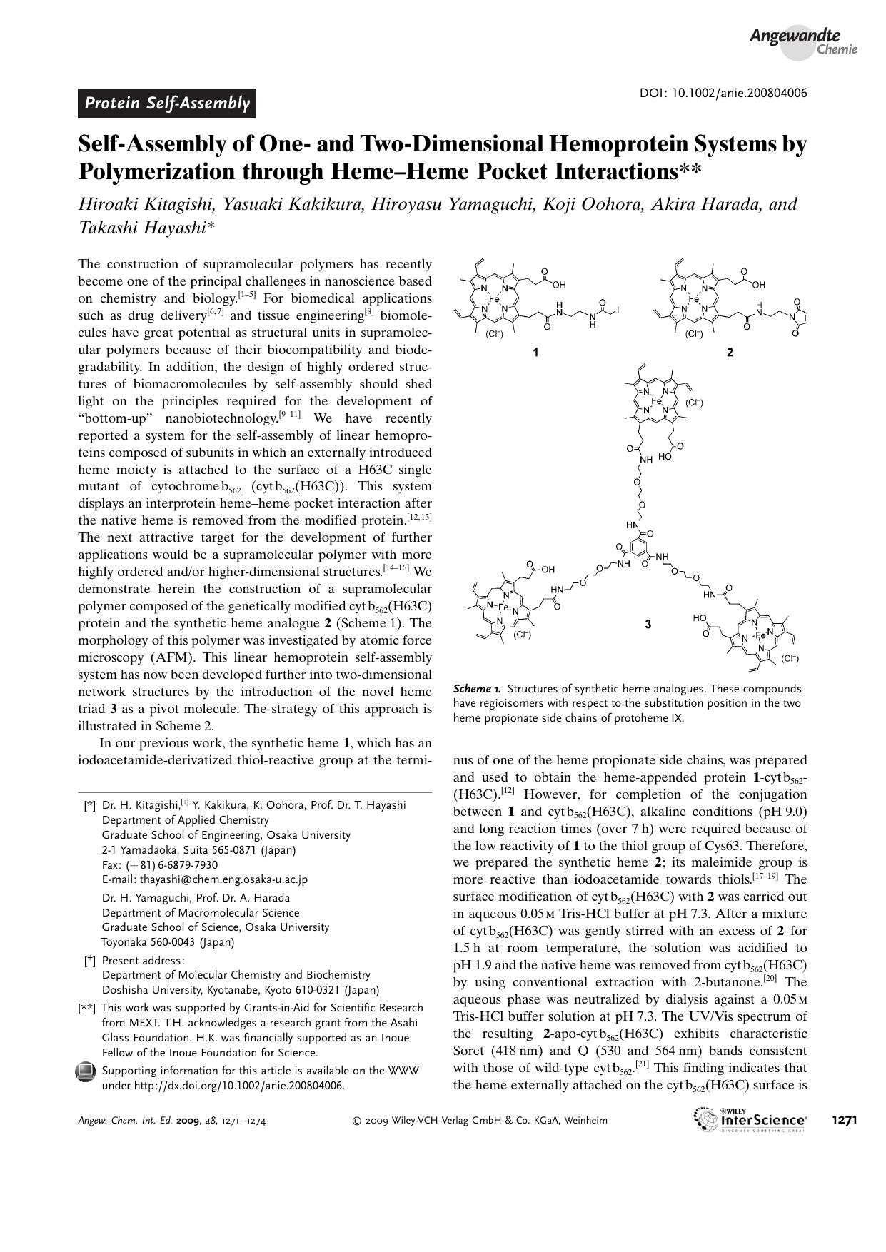 Self-Assembly of One- and Two-Dimensional Hemoprotein Systems by Polymerization through Heme-Heme Pocket Interactions by Unknown