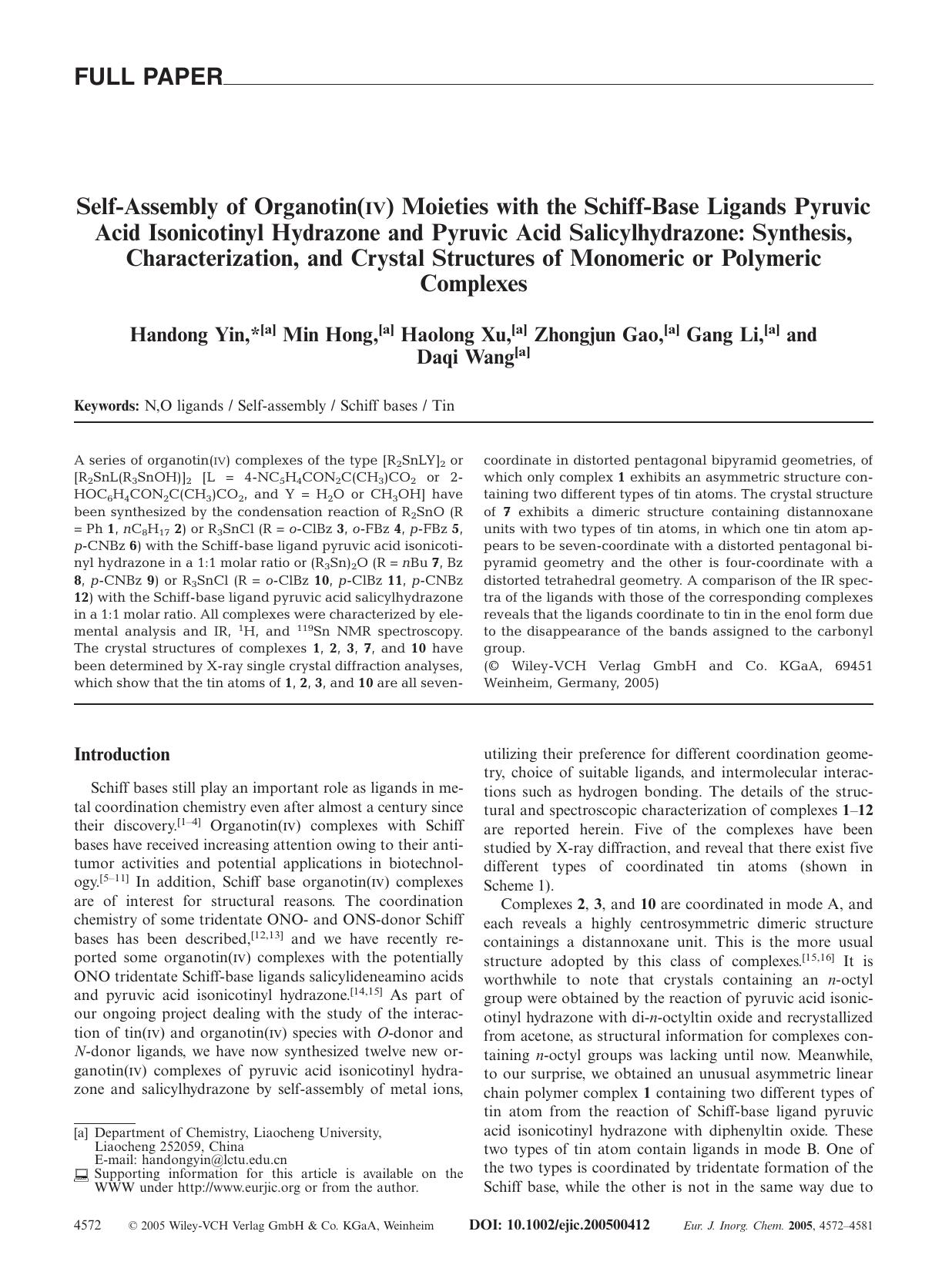 Self-Assembly of Organotin(IV) Moieties with the Schiff-Base Ligands Pyruvic Acid Isonicotinyl Hydrazone and Pyruvic Acid Salicylhydrazone: Synthesis, Characterization, and Crystal by Unknown
