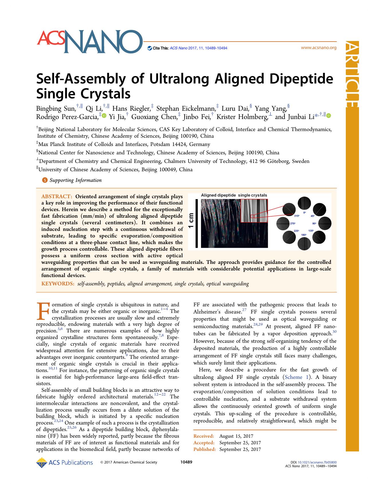 Self-Assembly of Ultralong Aligned Dipeptide Single Crystals by unknow