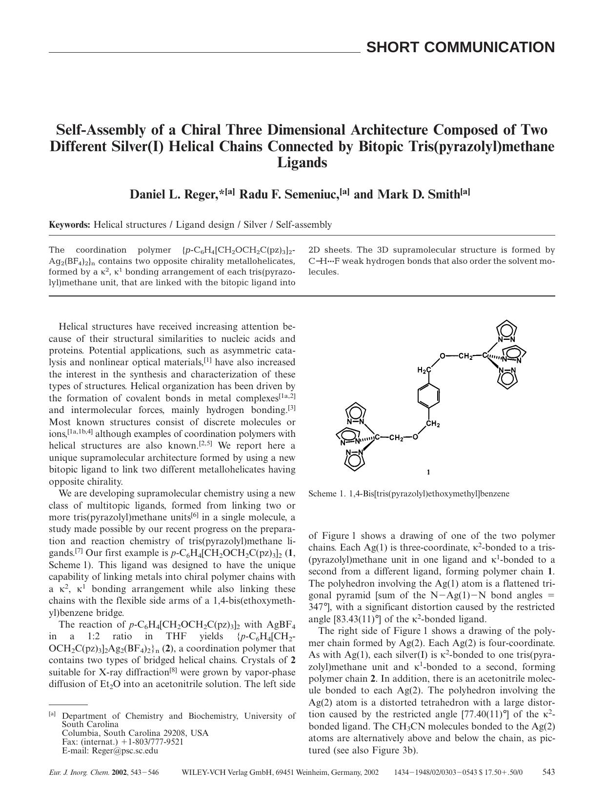 Self-Assembly of a Chiral Three Dimensional Architecture Composed of Two Different Silver(I) Helical Chains Connected by Bitopic Tris(pyrazolyl)methane Ligands by Unknown