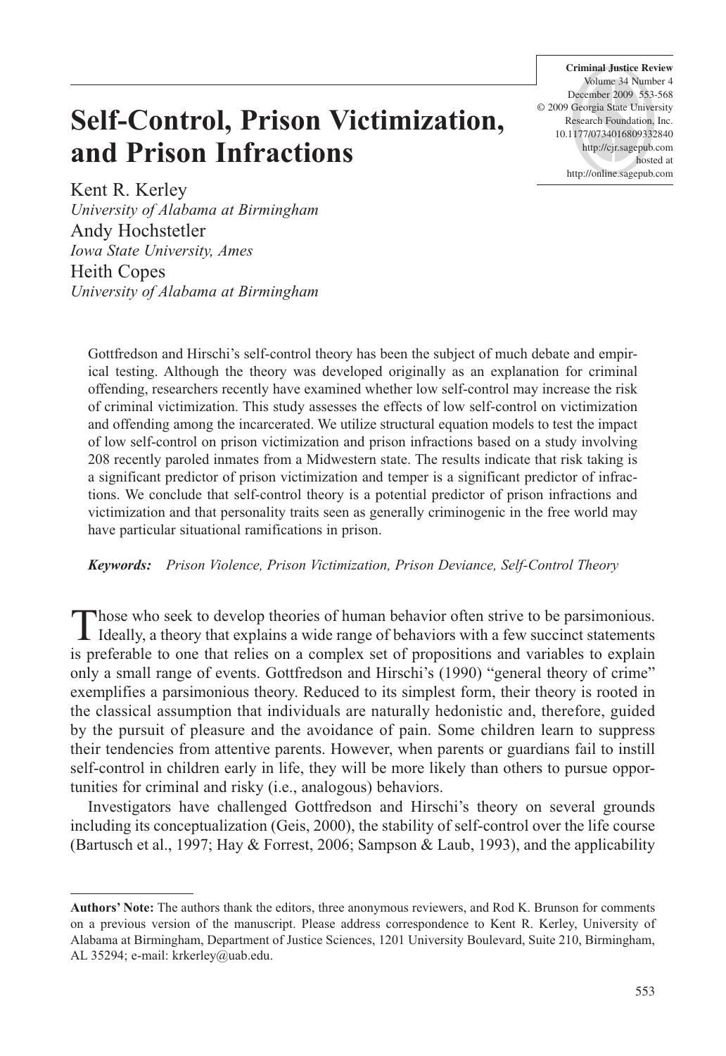 Self-Control, Prison Victimization, and Prison Infractions (2009) by Kent R. Kerley, Andy Hochstetler & Heith Copes by Unknown