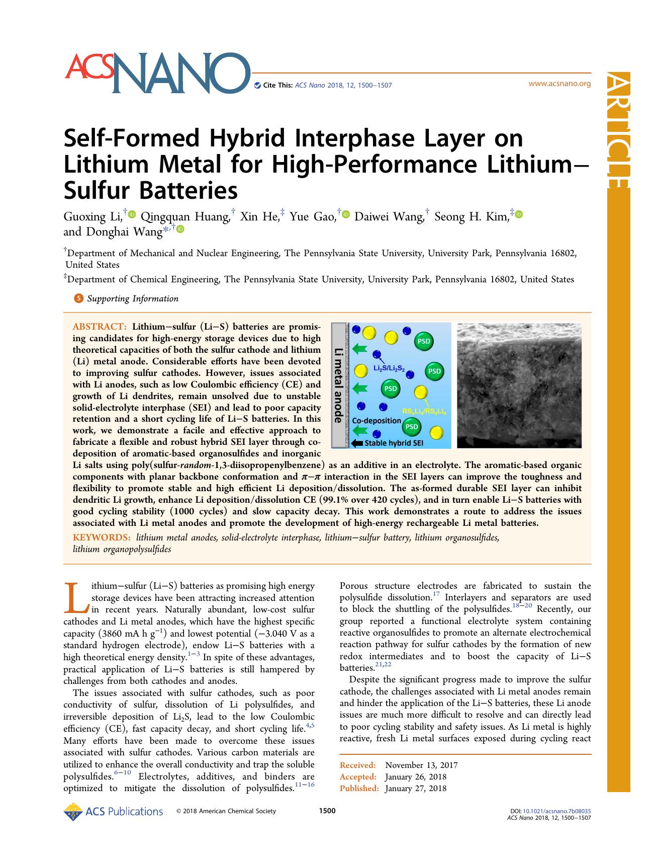 Self-Formed Hybrid Interphase Layer on Lithium Metal for High-Performance LithiumâSulfur Batteries by Guoxing Li Qingquan Huang Xin He Yue Gao Daiwei Wang Seong H. Kim and Donghai Wang