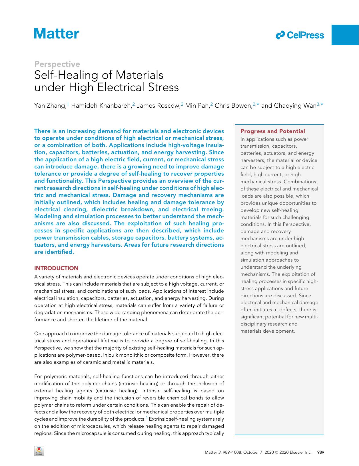 Self-Healing of Materials under High Electrical Stress by Yan Zhang & Hamideh Khanbareh & James Roscow & Min Pan & Chris Bowen & Chaoying Wan