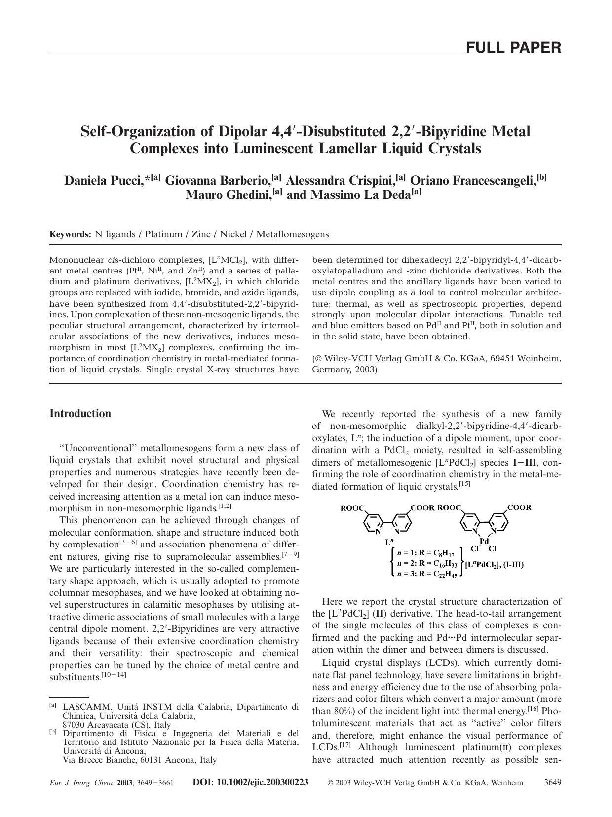 Self-Organization of Dipolar 4,4[prime]-Disubstituted 2,2[prime]-Bipyridine Metal Complexes into Luminescent Lamellar Liquid Crystals by Unknown