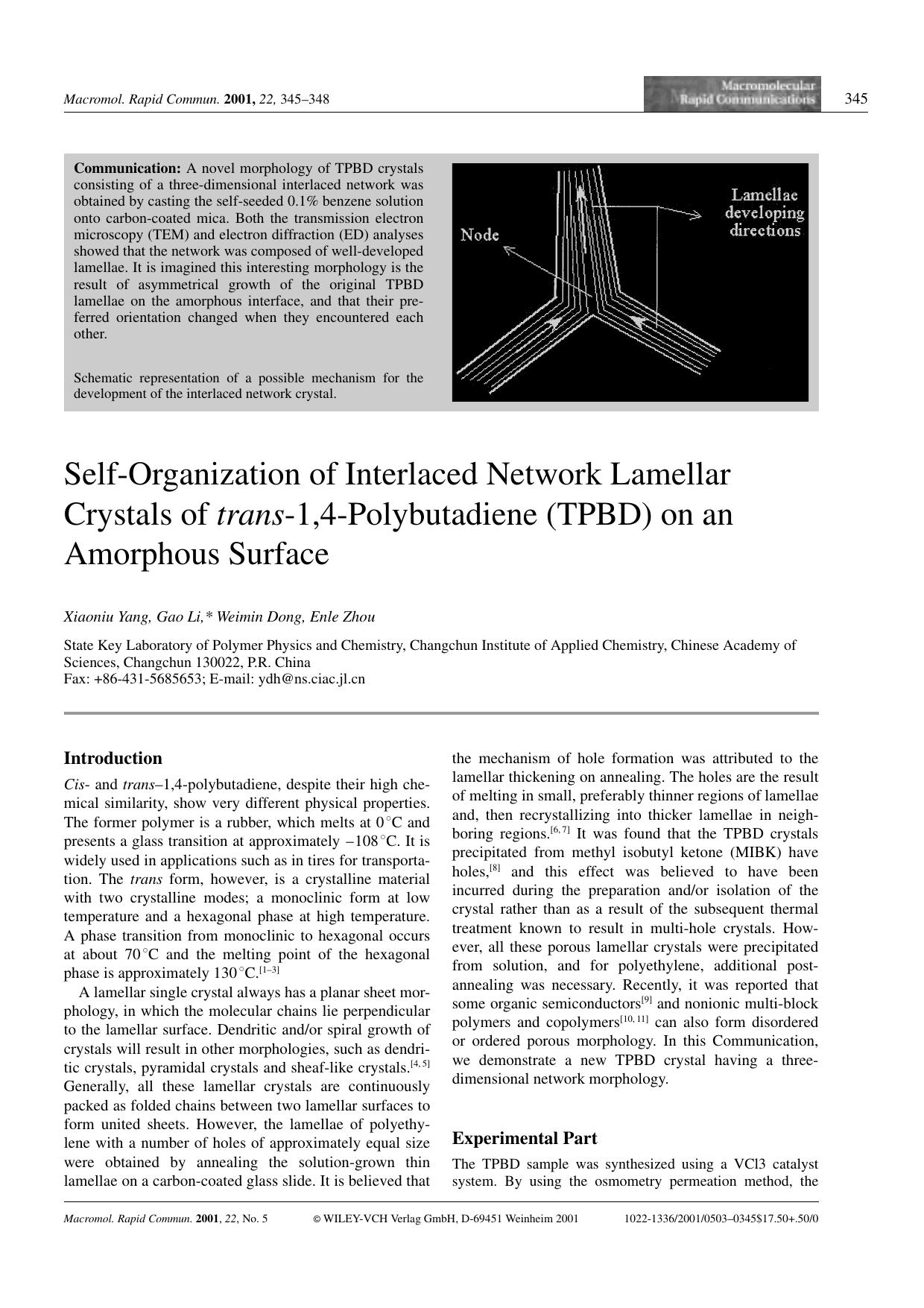 Self-Organization of Interlaced Network Lamellar Crystals of trans-1,4-Polybutadiene (TPBD) on an Amorphous Surface by Unknown