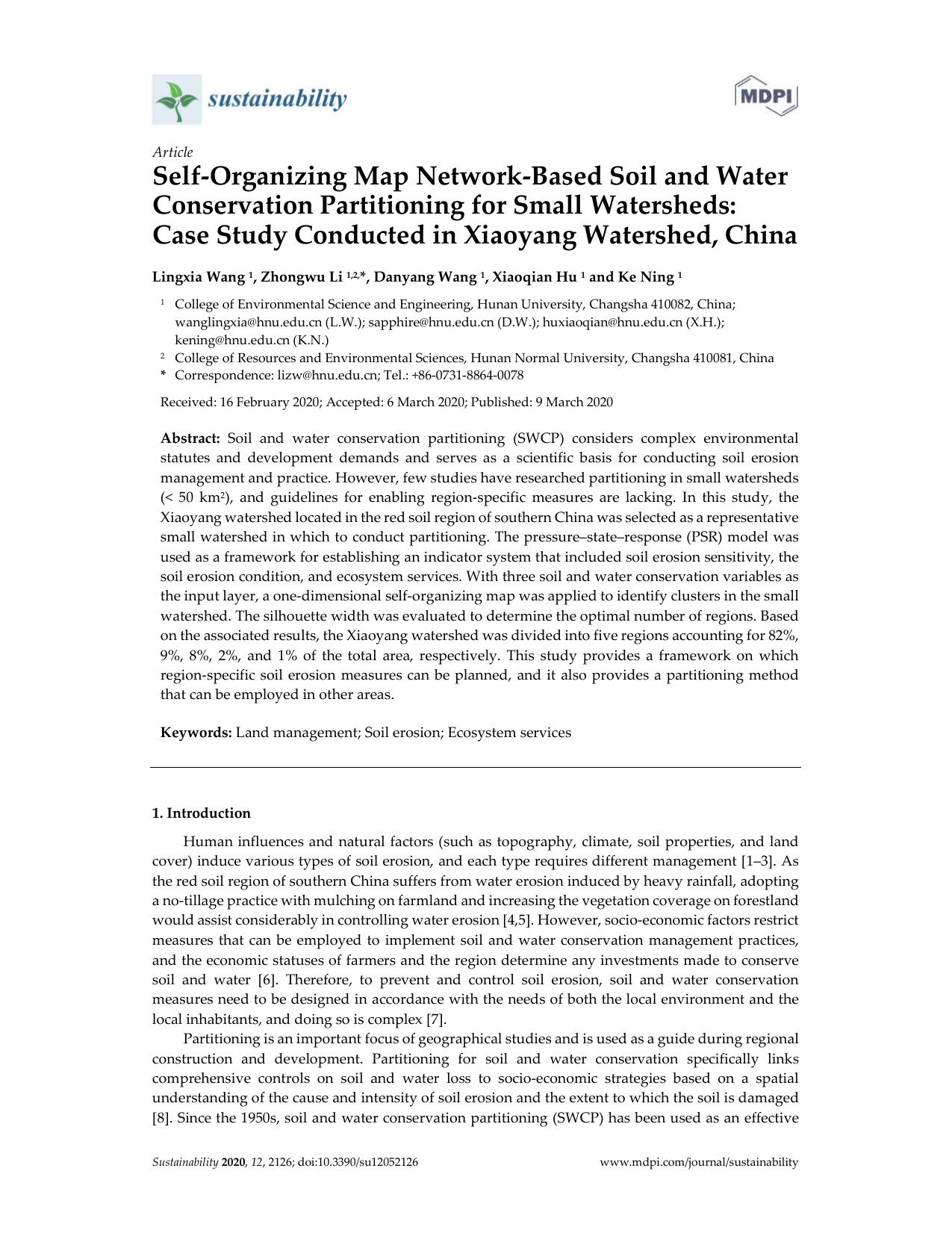 Self-Organizing Map Network-Based Soil and Water Conservation Partitioning for Small Watersheds: Case Study Conducted in Xiaoyang Watershed, China by Lingxia Wang