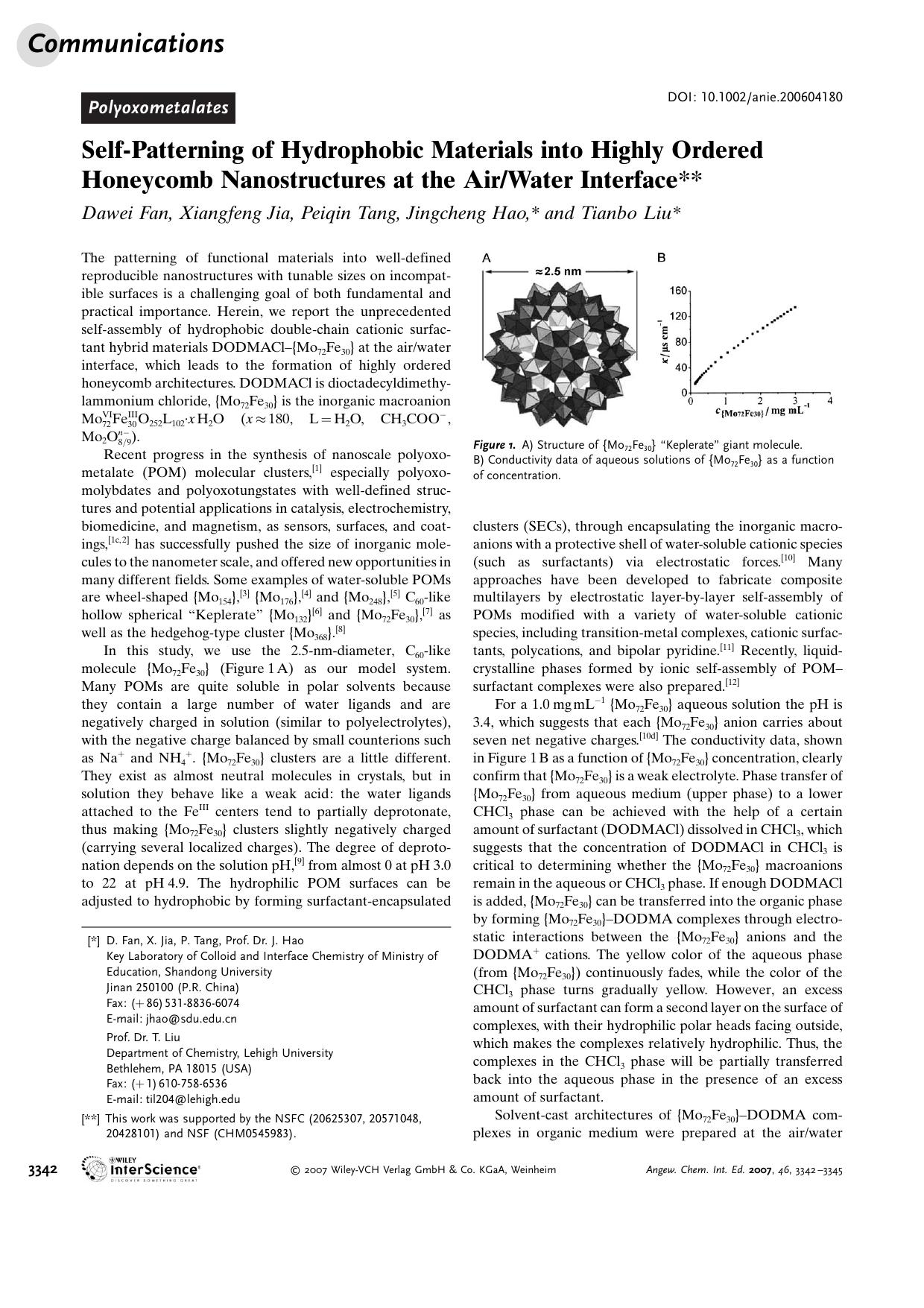 Self-Patterning of Hydrophobic Materials into Highly Ordered Honeycomb Nanostructures at the AirWater Interface by Unknown