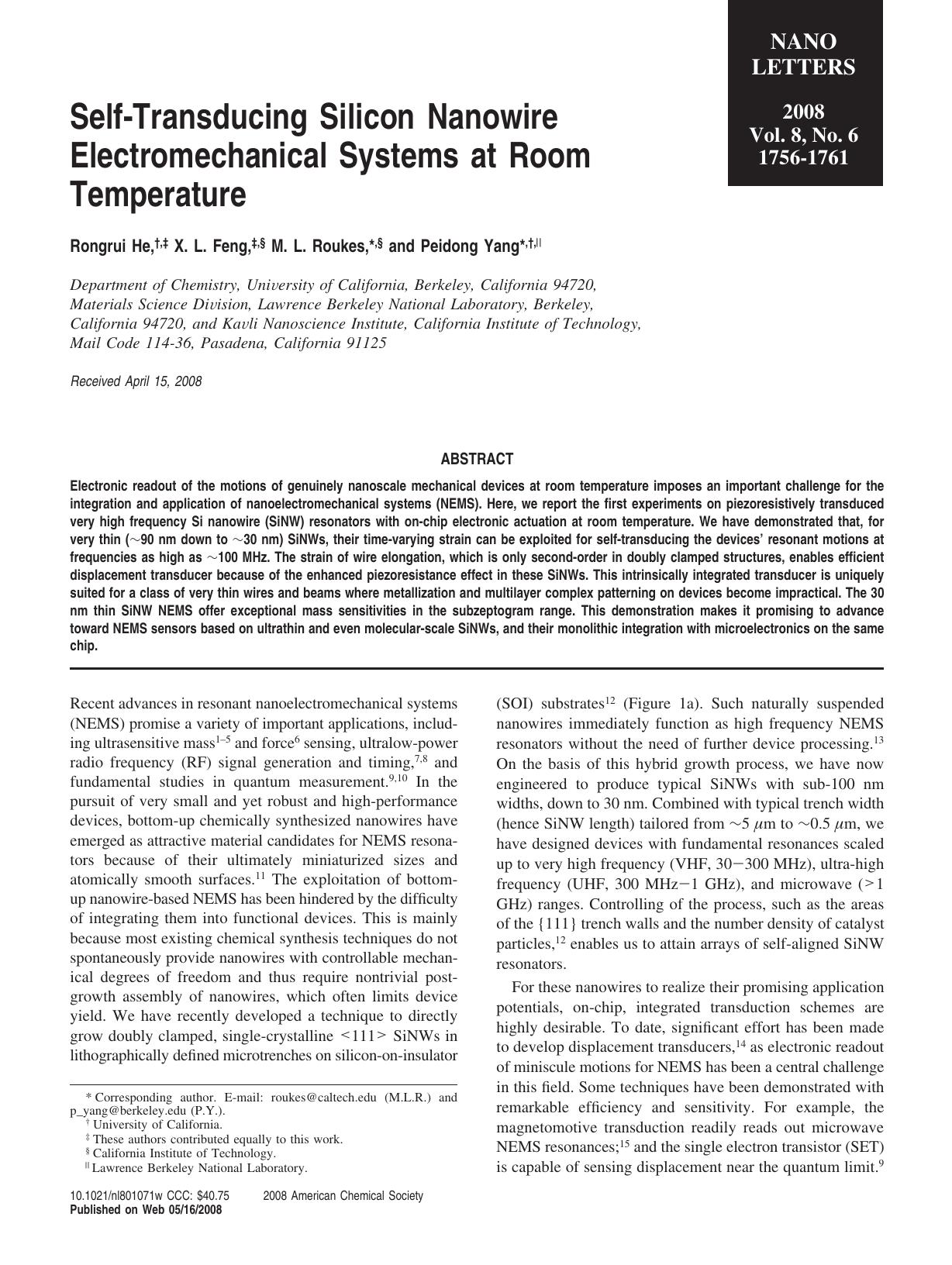 Self-Transducing Silicon Nanowire Electromechanical Systems at Room Temperature by Unknown