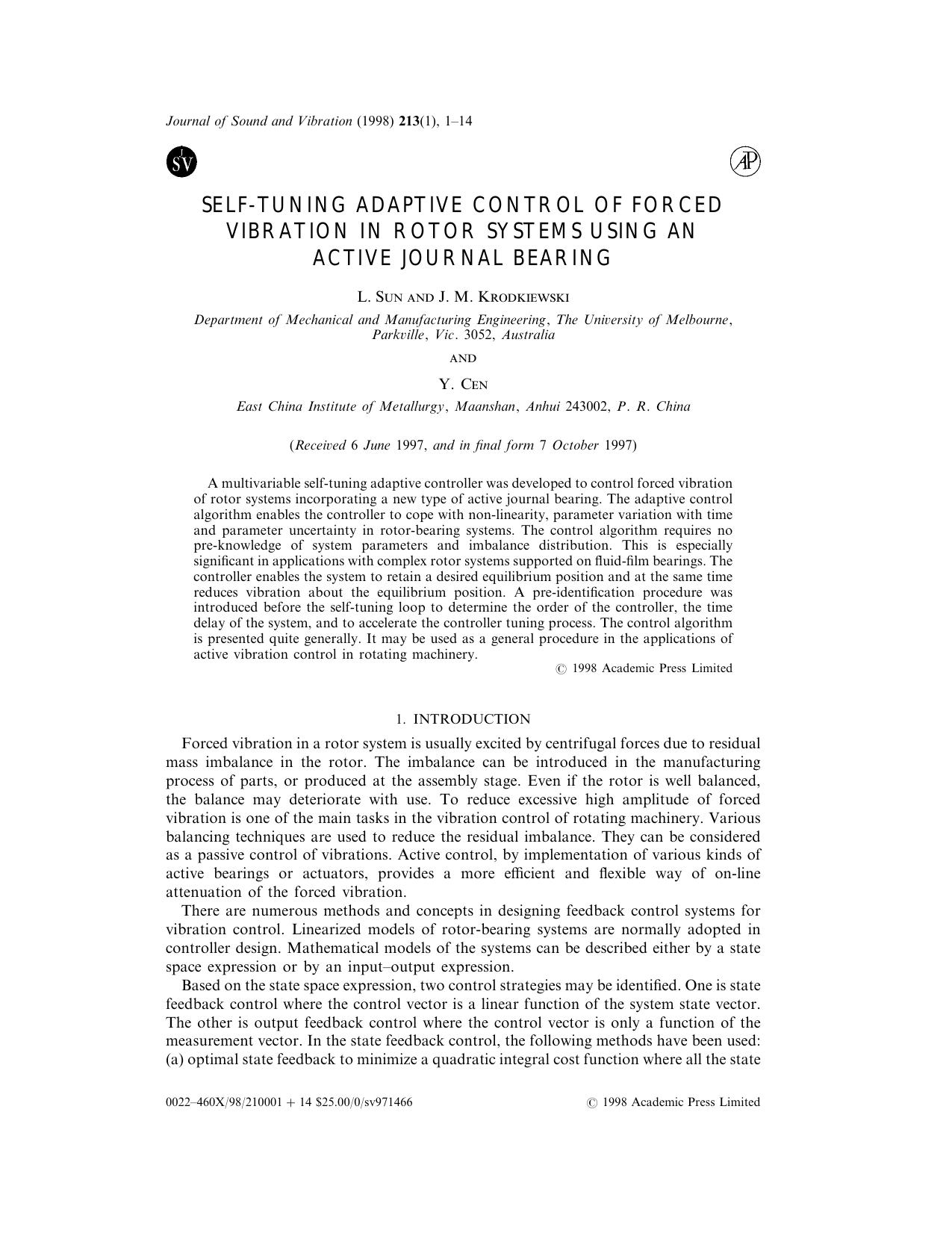 Self-Tuning Adaptive Control of Forced Vibration in Rotor Systems Using an Active Journal Bearing by Sun L. et al
