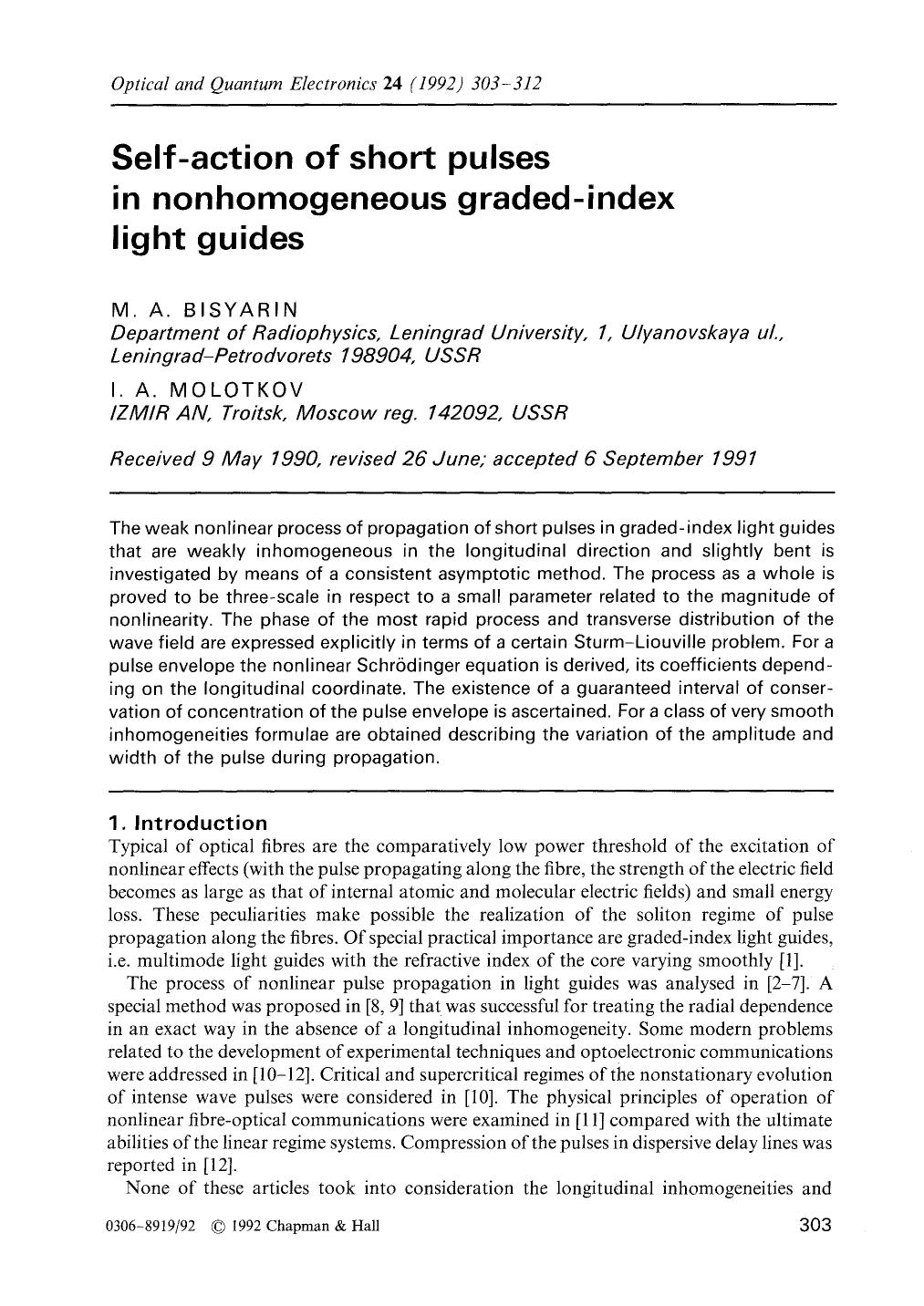 Self-action of short pulses in nonhomogeneous graded-index light guides by Unknown