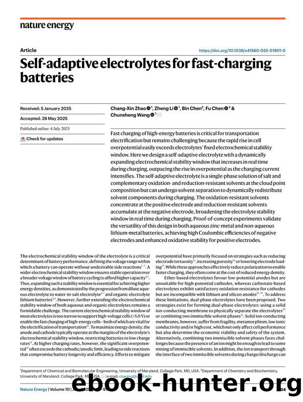 Self-adaptive electrolytes for fast-charging batteries by Chang-Xin Zhao & Zheng Li & Bin Chen & Fu Chen & Chunsheng Wang