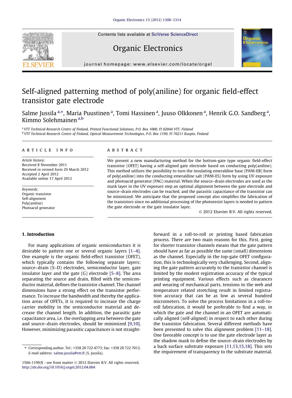 Self-aligned patterning method of poly(aniline) for organic field-effect transistor gate electrode by unknow