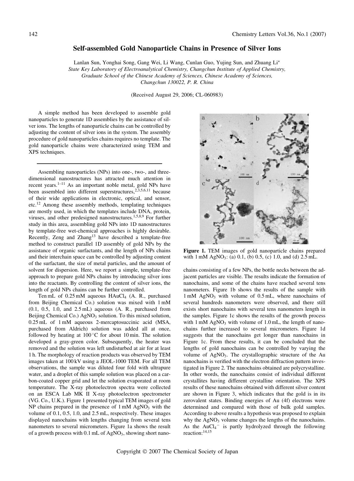 Self-assembled Gold Nanoparticle Chains in Presence of Silver Ions by Lanlan Sun Yonghai Song Gang Wei Li Wang Cunlan Guo Yujing Sun and Zhuang Li