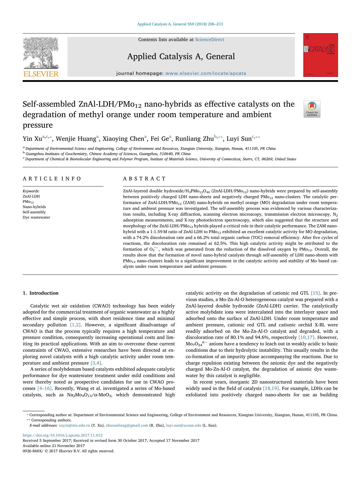Self-assembled ZnAl-LDHPMo12 nano-hybrids as effective catalysts on the degradation of methyl orange under room temperature and ambient pressure by Yin Xu & Wenjie Huang & Xiaoying Chen & Fei Ge & Runliang Zhu & Luyi Sun