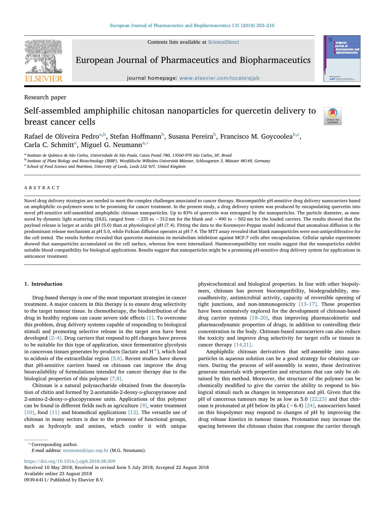 Self-assembled amphiphilic chitosan nanoparticles for quercetin delivery to breast cancer cells by unknow