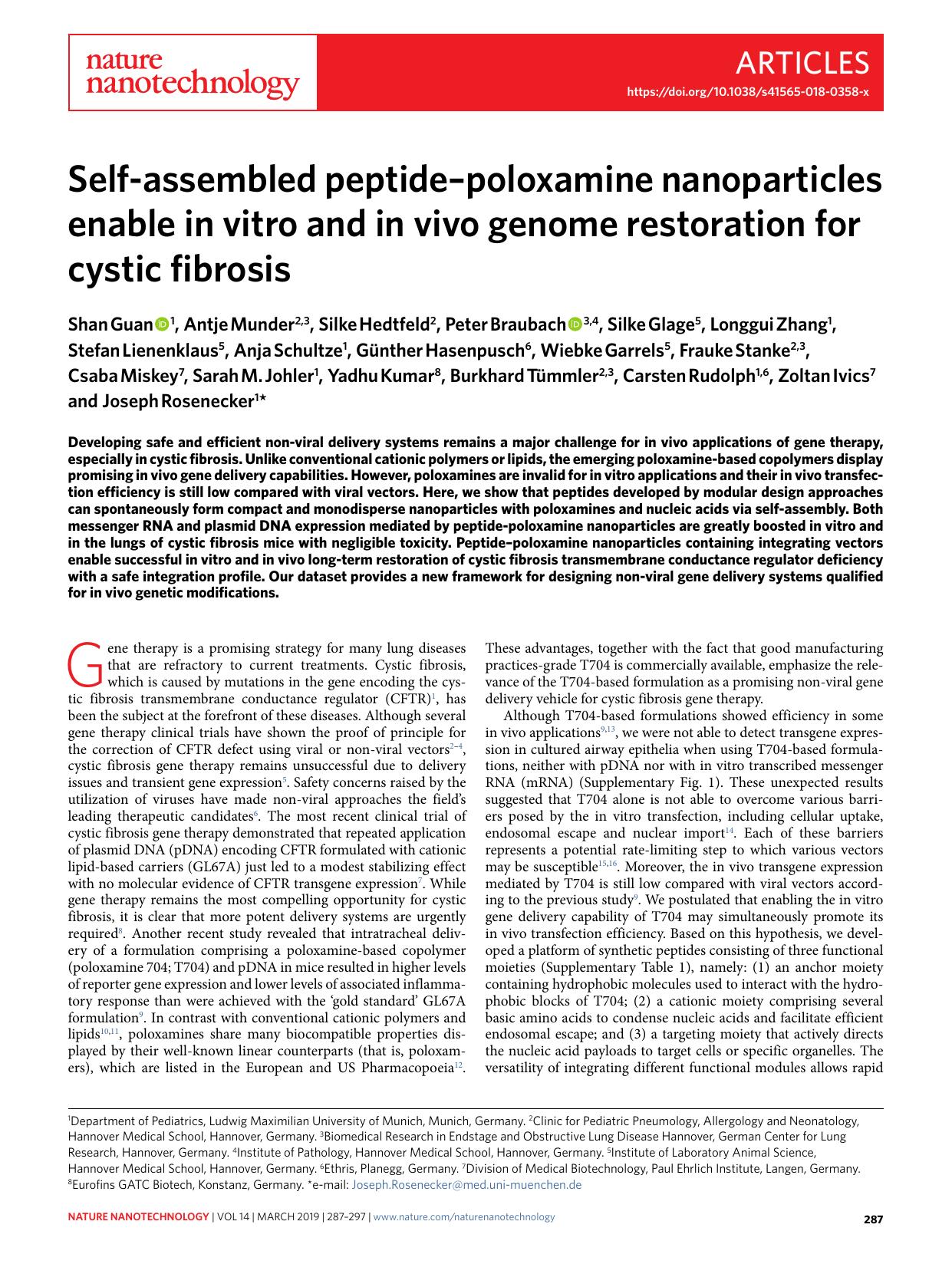 Self-assembled peptideâpoloxamine nanoparticles enable in vitro and in vivo genome restoration for cystic fibrosis by unknow
