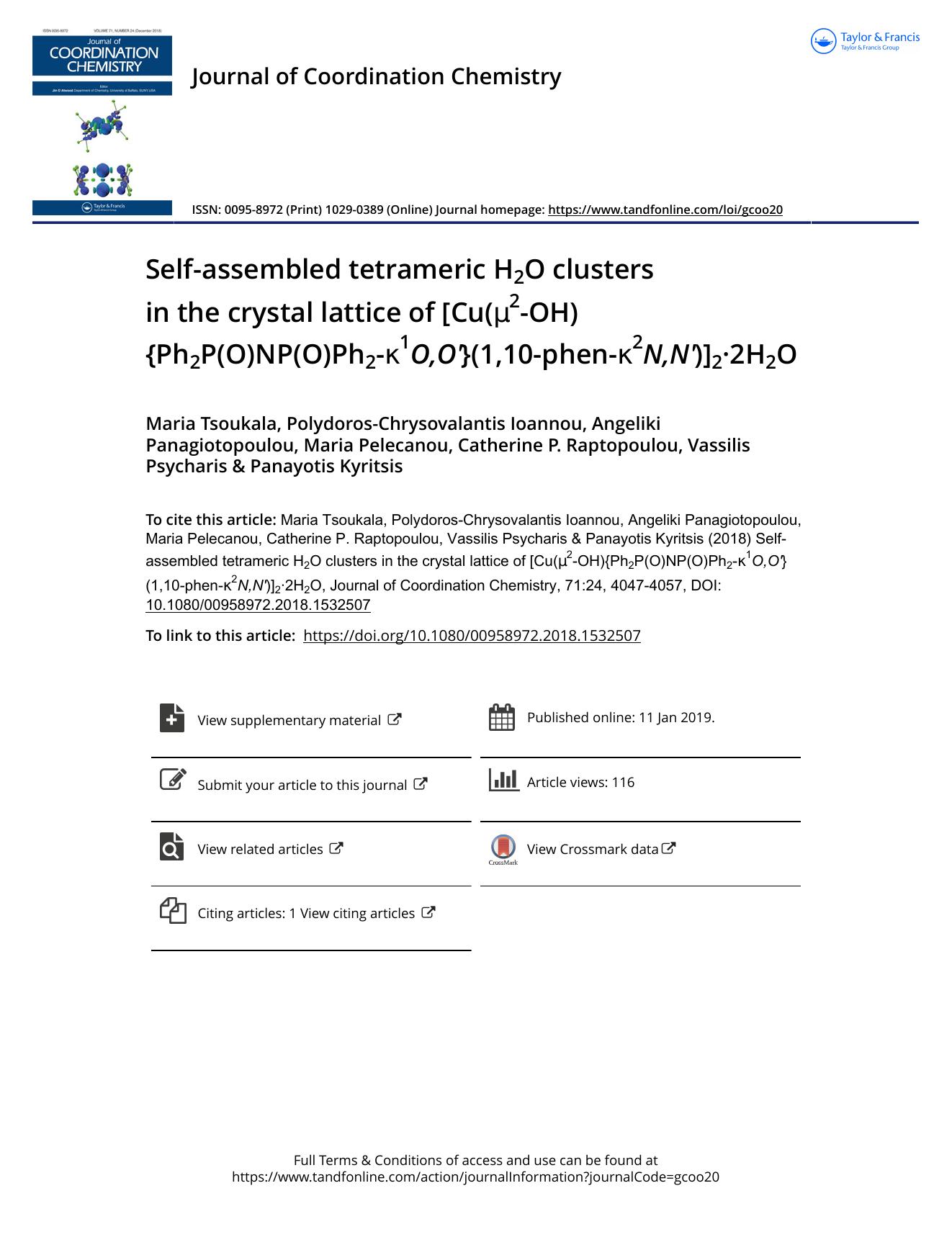 Self-assembled tetrameric H2O clusters in the crystal lattice of [Cu(Î¼2-OH){Ph2P(O)NP(O)Ph2-Îº1O,Oâ²}(1,10-phen-Îº2N,Nâ²)]2Â·2H2O by unknow