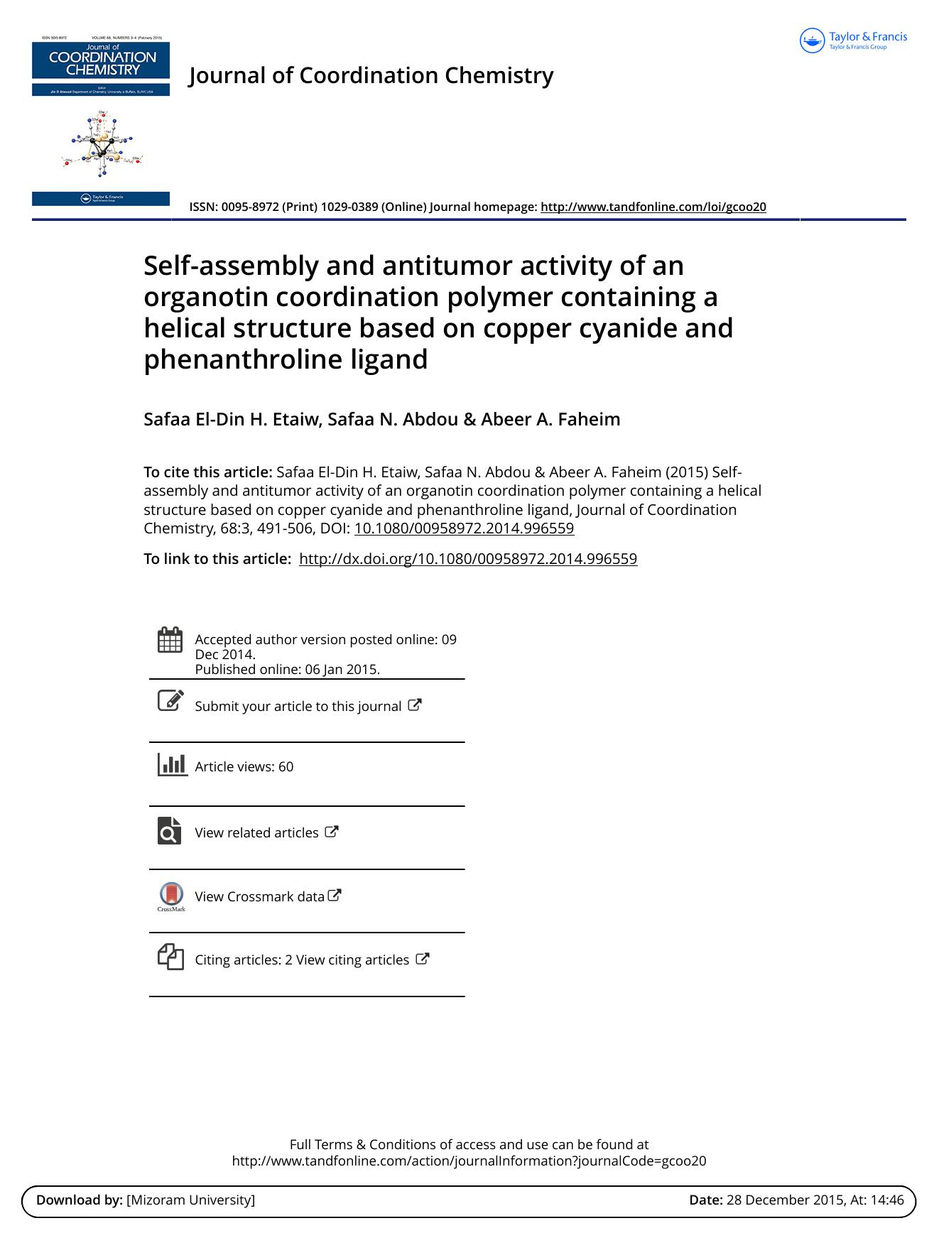 Self-assembly and antitumor activity of an organotin coordination polymer containing a helical structure based on copper cyanide and phenanthroline ligand by Safaa El-Din H. Etaiw
