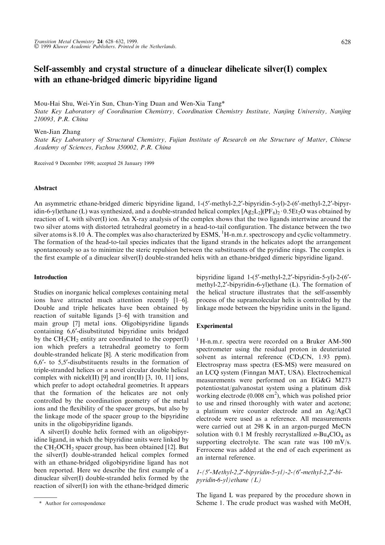 Self-assembly and crystal structure of a dinuclear dihelicate silver(I) complex with an ethane-bridged dimeric bipyridine ligand by Unknown