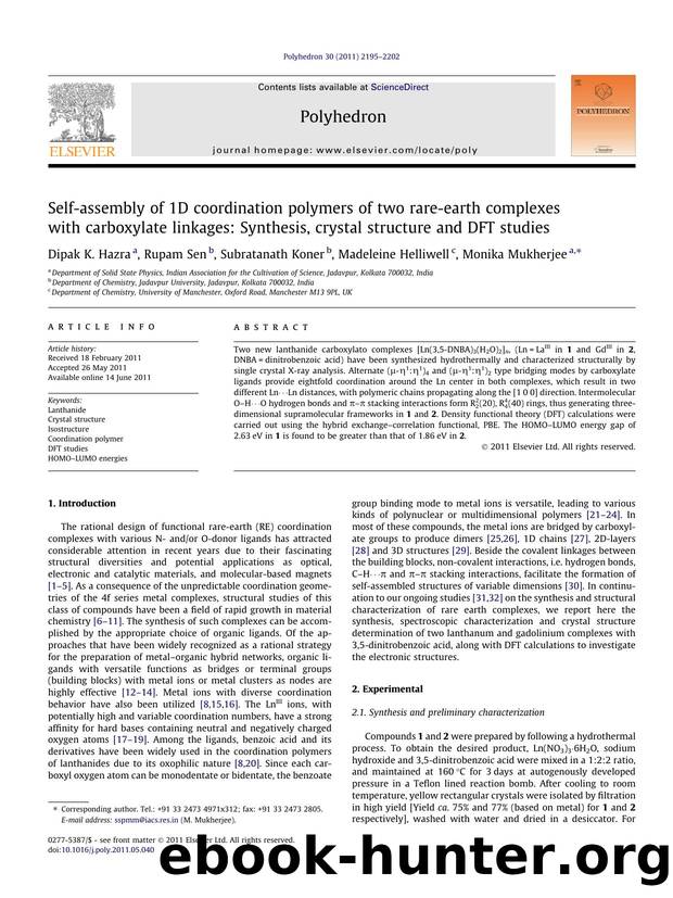 Self-assembly of 1D coordination polymers of two rare-earth complexes with carboxylate linkages: Synthesis, crystal structure and DFT studies by Dipak K. Hazra & Rupam Sen & Subratanath Koner & Madeleine Helliwell & Monika Mukherjee