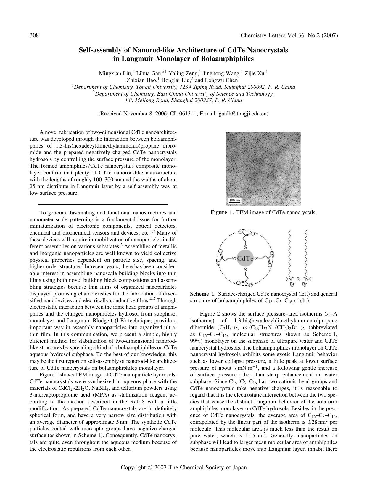 Self-assembly of Nanorod-like Architecture of CdTe Nanocrystals in Langmuir Monolayer of Bolaamphiphiles by unknow