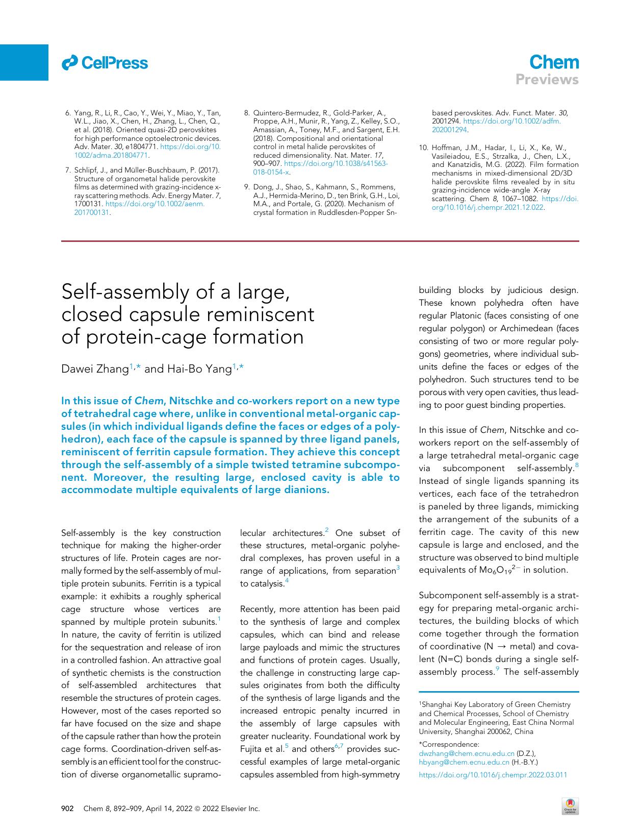 Self-assembly of a large, closed capsule reminiscent of protein-cage formation by Dawei Zhang