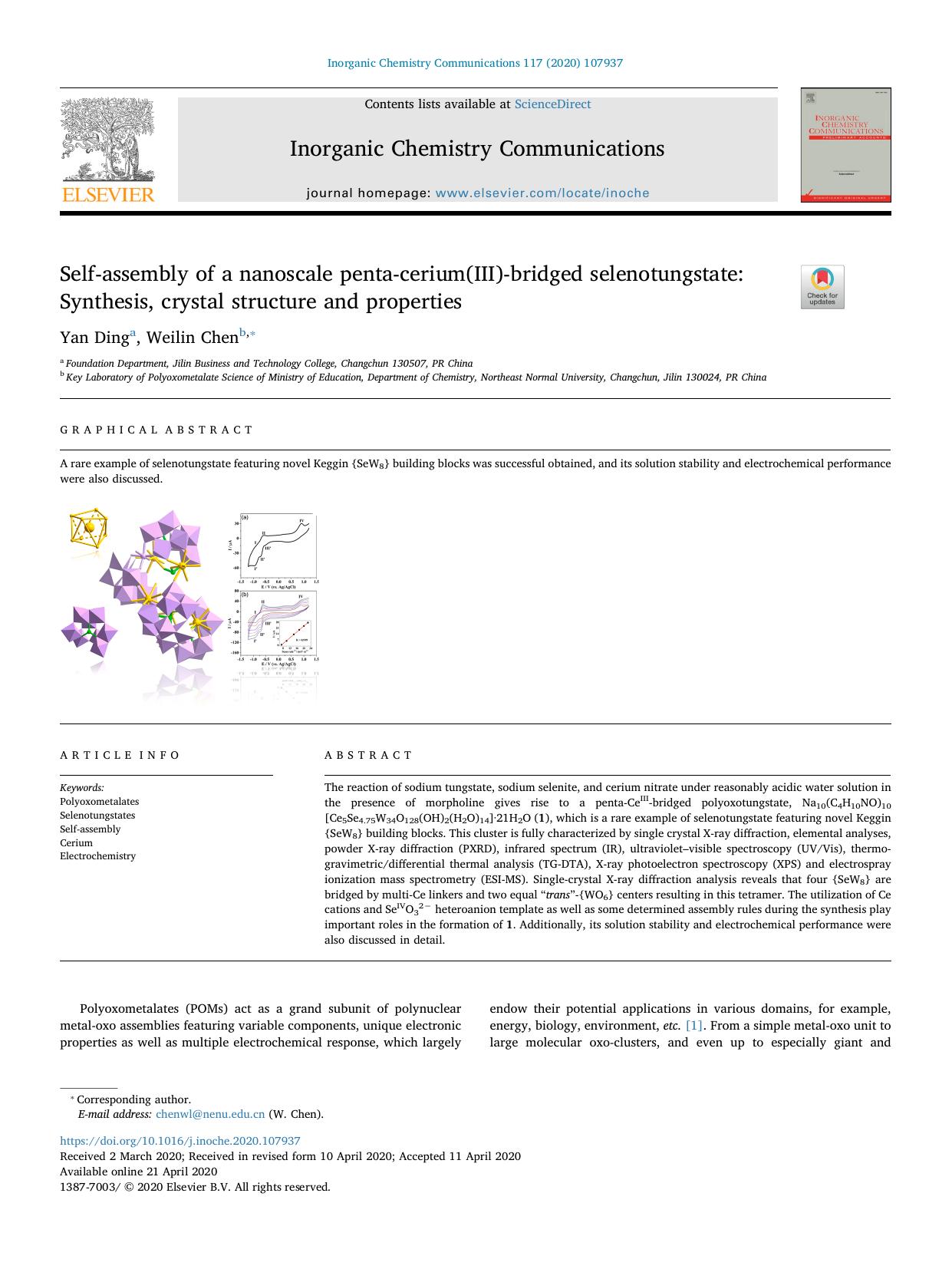 Self-assembly of a nanoscale penta-cerium(III)-bridged selenotungstate_ Synthesis, crystal structure and properties by Yan Ding & Weilin Chen
