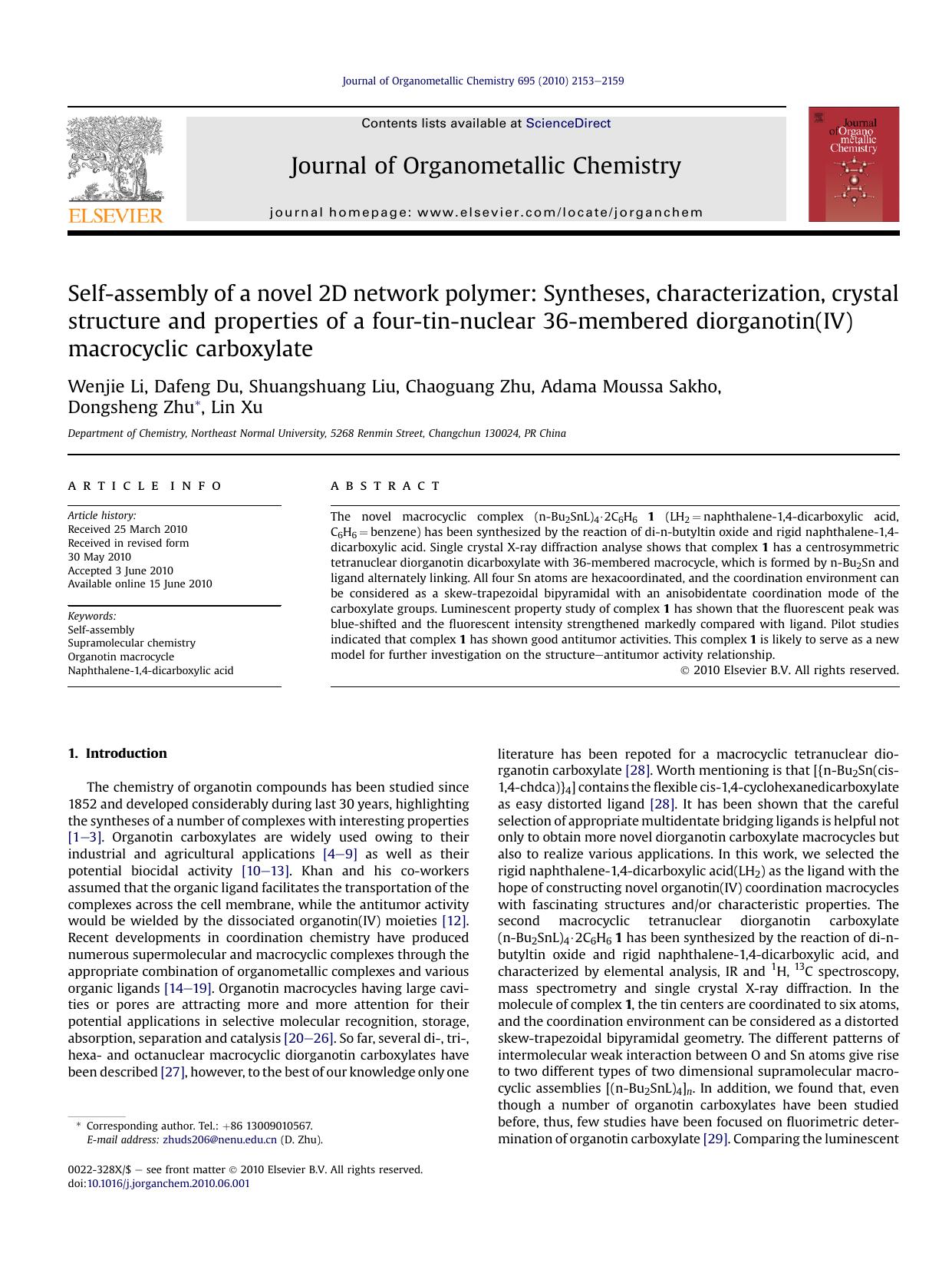Self-assembly of a novel 2D network polymer: Syntheses, characterization, crystal structure and properties of a four-tin-nuclear 36-membered diorganotin(IV) macrocyclic carboxylate by unknow