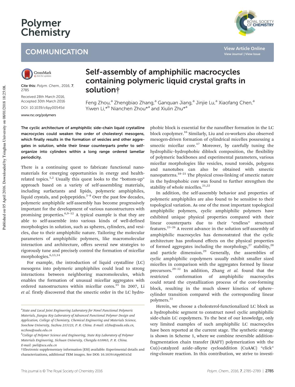 Self-assembly of amphiphilic macrocycles containing polymeric liquid crystal grafts in solution by unknow
