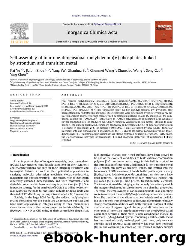 Self-assembly of four one-dimensional molybdenum(V) phosphates linked by strontium and transition metal by Kai Yu & Baibin Zhou & Yang Yu & Zhanhua Su & Chunmei Wang & Chunxiao Wang & Song Gao & Ying Chen