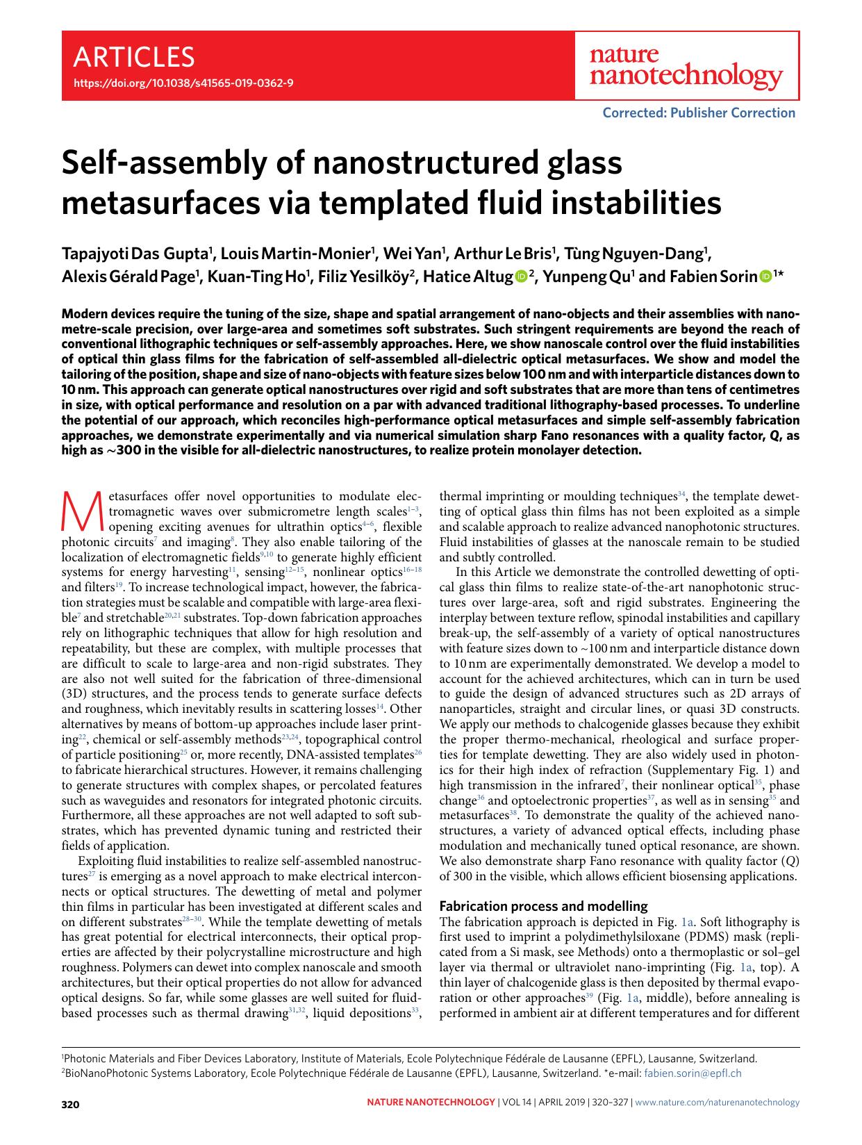 Self-assembly of nanostructured glass metasurfaces via templated fluid instabilities by unknow