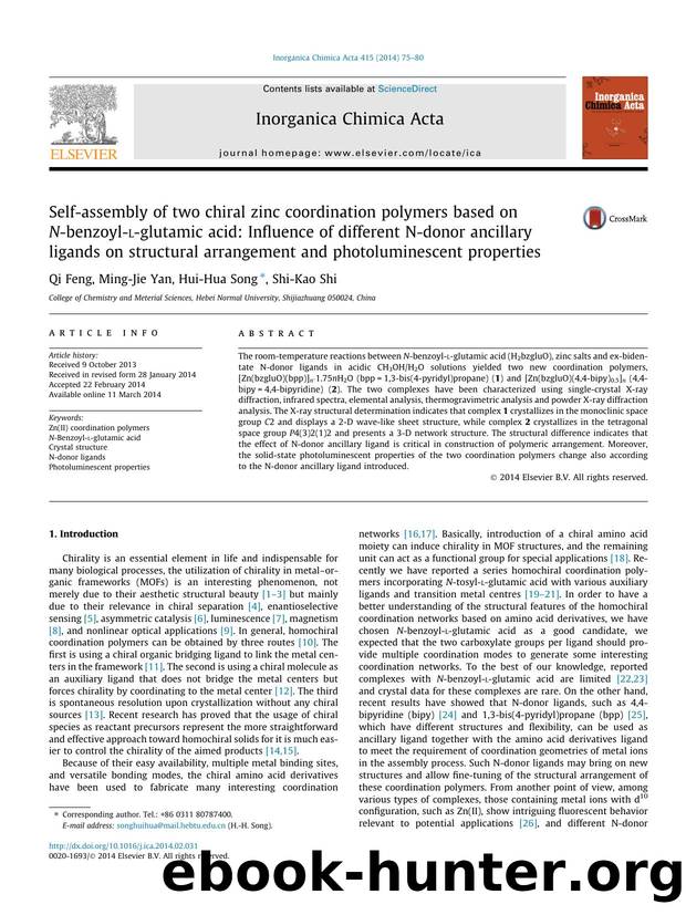 Self-assembly of two chiral zinc coordination polymers based on N-benzoyl-l-glutamic acid: Influence of different N-donor ancillary ligands on structural arrangement and photoluminescent properties by Qi Feng & Ming-Jie Yan & Hui-Hua Song & Shi-Kao Shi