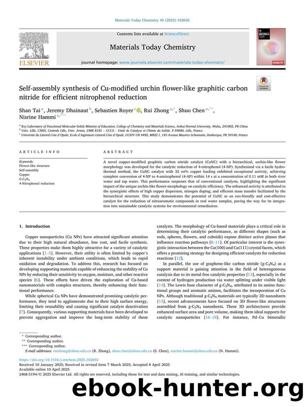 Self-assembly synthesis of Cu-modified urchin flower-like graphitic carbon nitride for efficient nitrophenol reduction by Shan Tai & Jeremy Dhainaut & Sebastien Royer & Rui Zhong & Shuo Chen & Nisrine Hammi