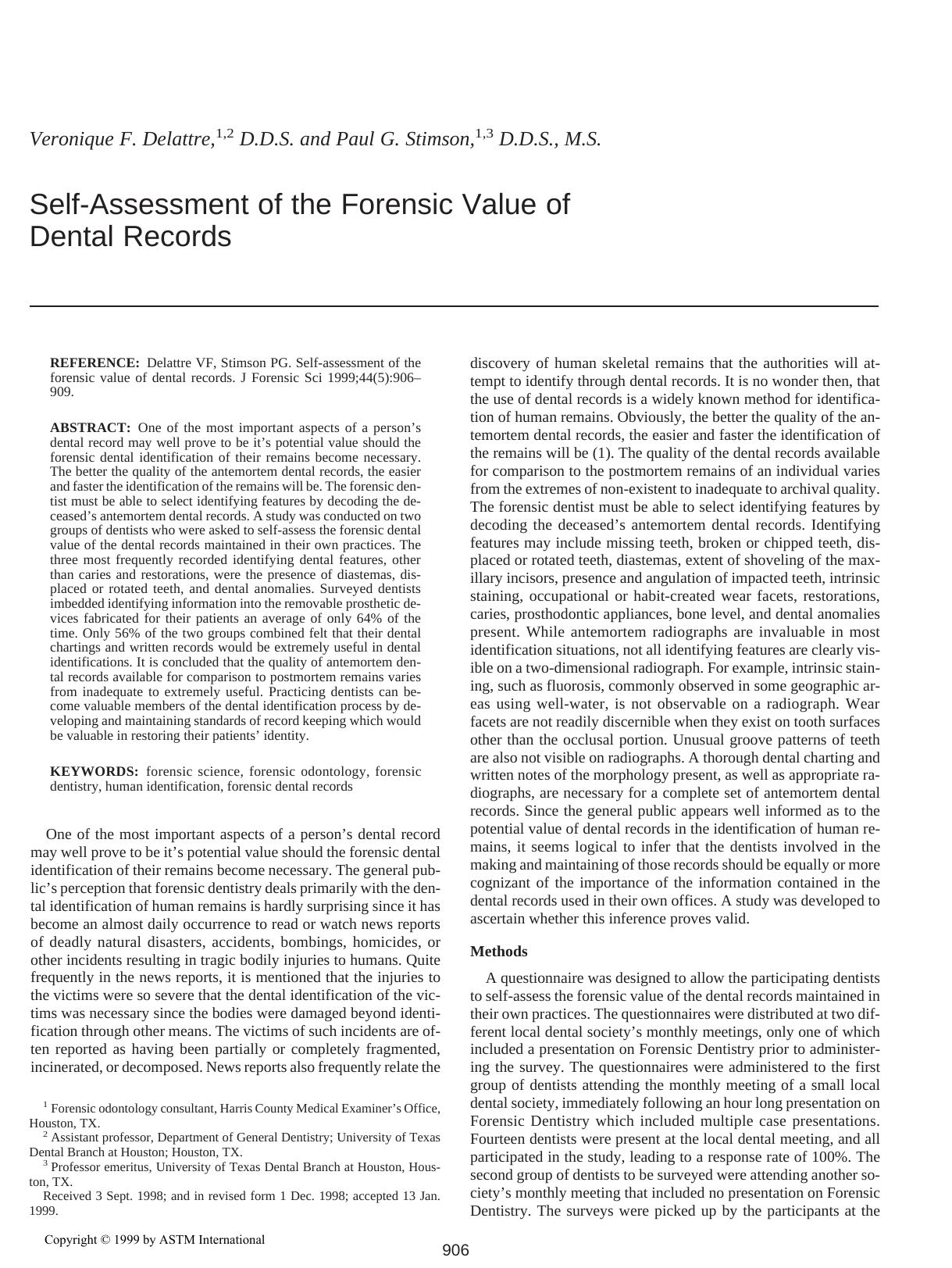Self-assessment of the forensic value of dental records by Delattre VF Stimson PG