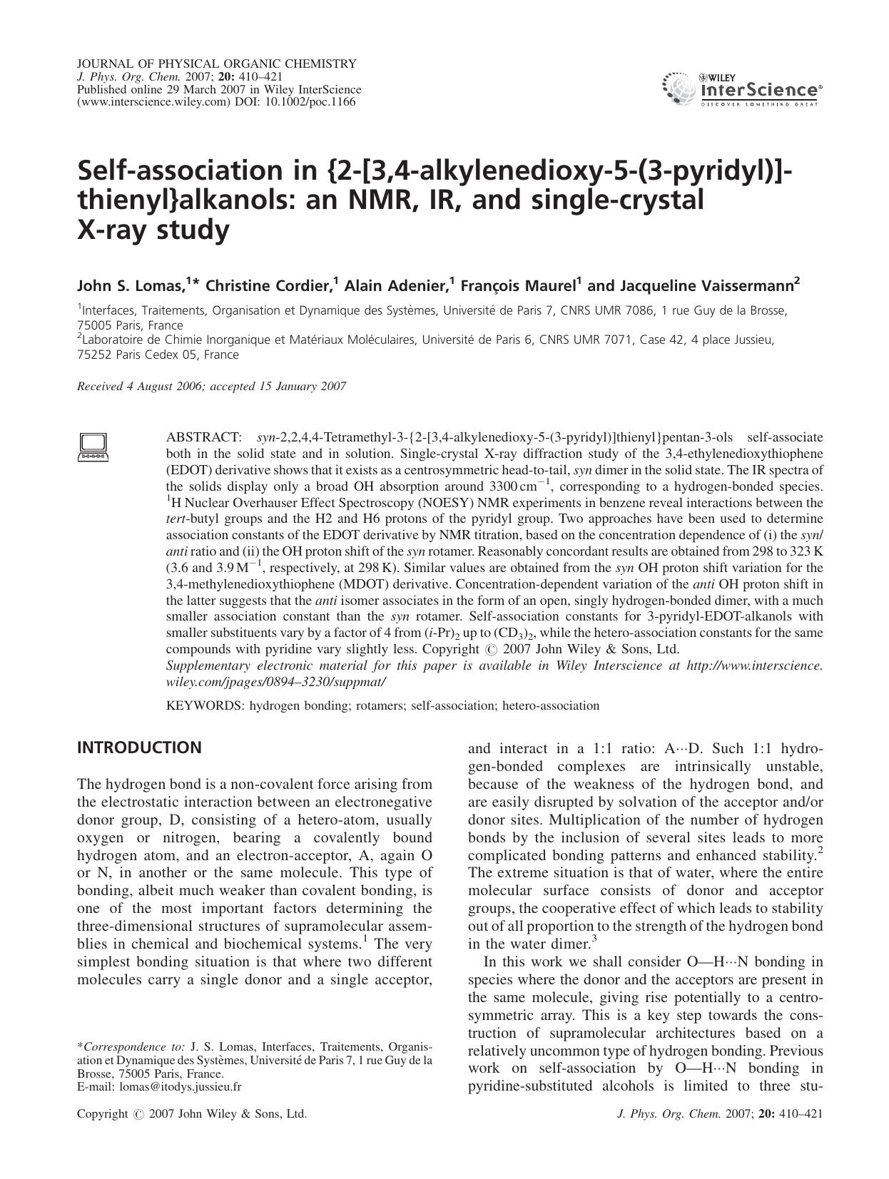 Self-association in [lcub]2-[3,4-alkylenedioxy-5-(3-pyridyl)]-thienyl[rcub]alkanols: an NMR, IR, and single-crystal X-ray study by Unknown