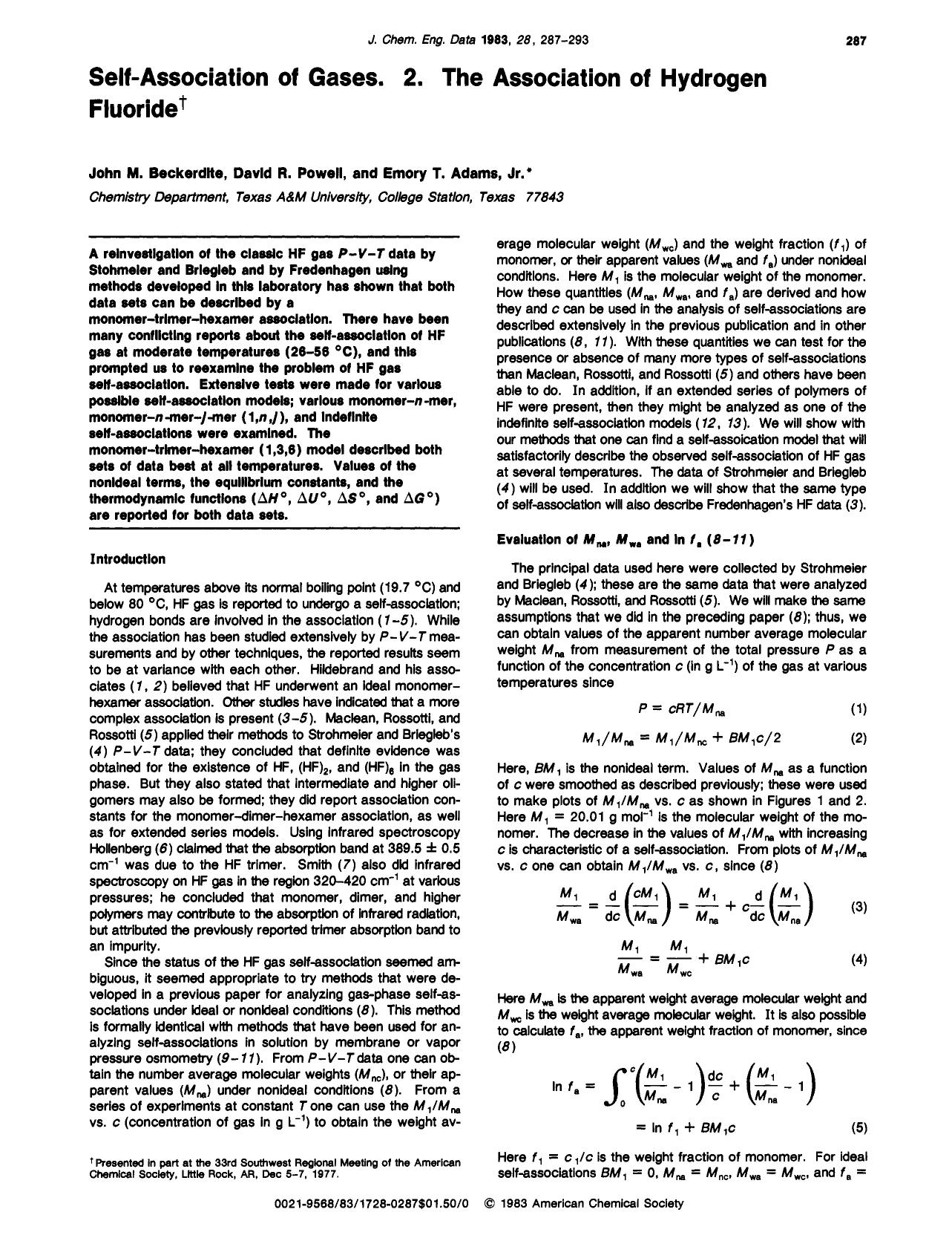Self-association of gases. 2. The association of hydrogen fluoride by John M. Beckerdite David R. Powell Emory T. Adams Jr