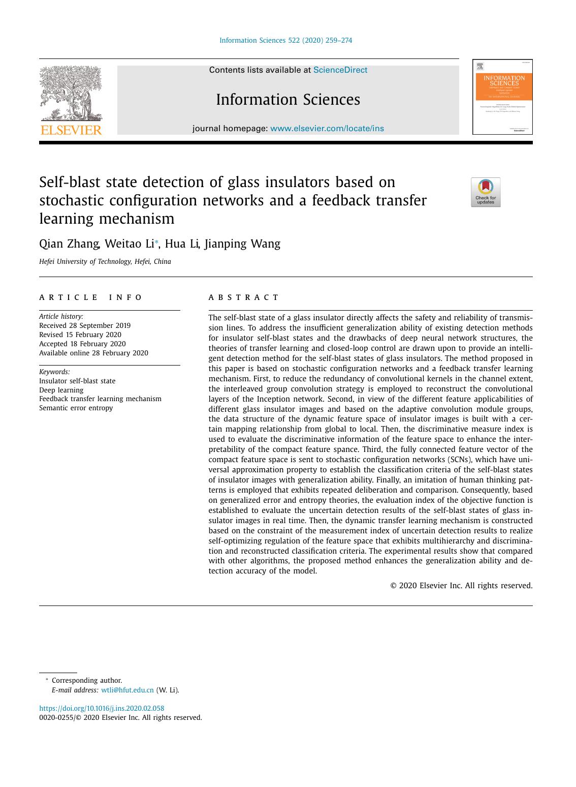 Self-blast state detection of glass insulators based on stochastic configuration networks and a feedback transfer learning mechanism by Qian Zhang & Weitao Li & Hua Li & Jianping Wang