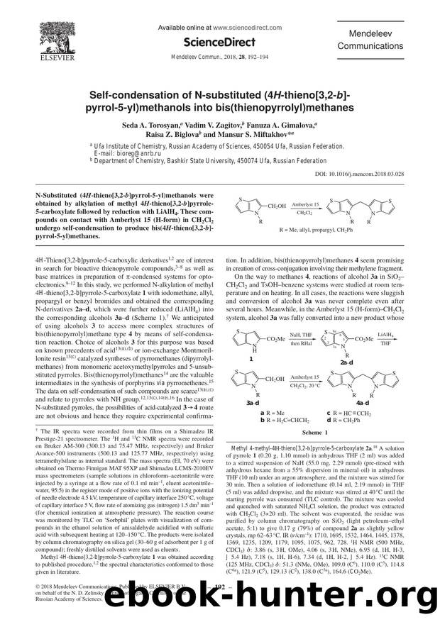 Self-condensation of N-substituted (4H-thieno[3,2-b]-pyrrol-5-yl)methanols into bis(thienopyrrolyl)methanes by Seda A. Torosyan & Vadim V. Zagitov & Fanuza A. Gimalova & Raisa Z. Biglova & Mansur S. Miftakhov