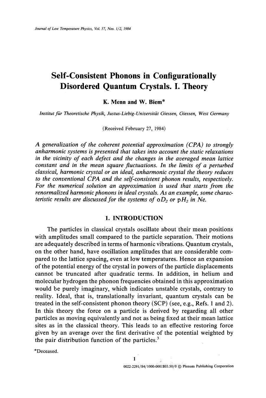 Self-consistent phonons in configurationally disordered quantum crystals. I. Theory by Unknown