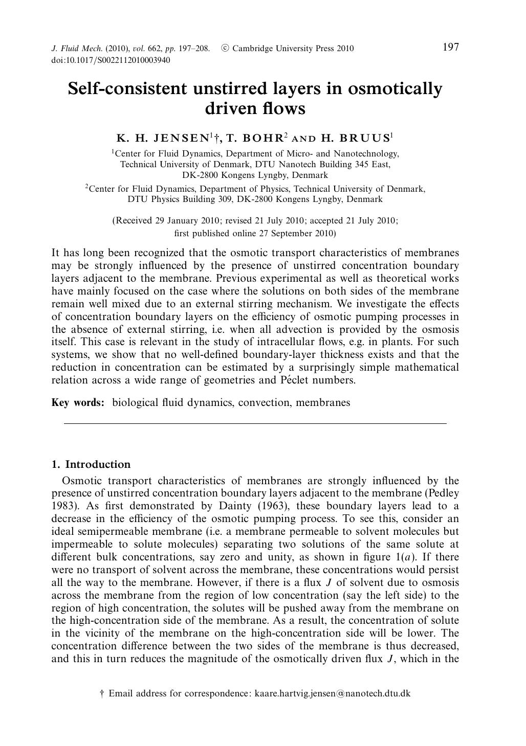 Self-consistent unstirred layers in osmotically driven flows by K. H. JENSEN T. BOHR H. BRUUS