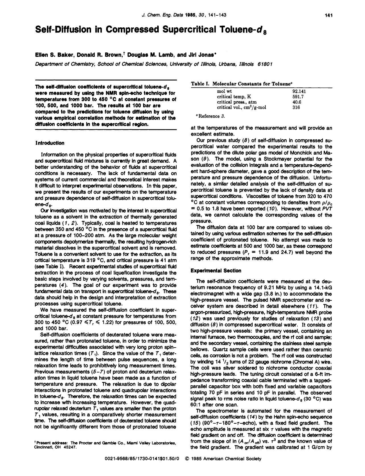 Self-diffusion in compressed supercritical toluene-d8 by Ellen S. Baker Donald R. Brown Douglas M. Lamb Jiri Jonas