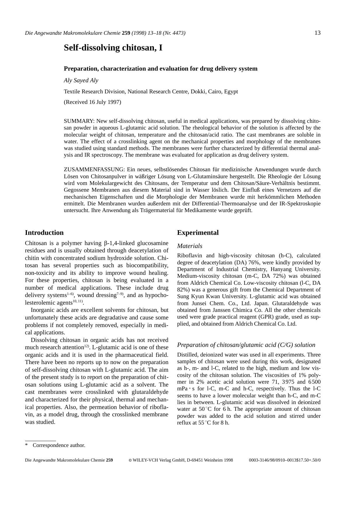 Self-dissolving chitosan, I. Preparation, characterization and evaluation for drug delivery system by Unknown