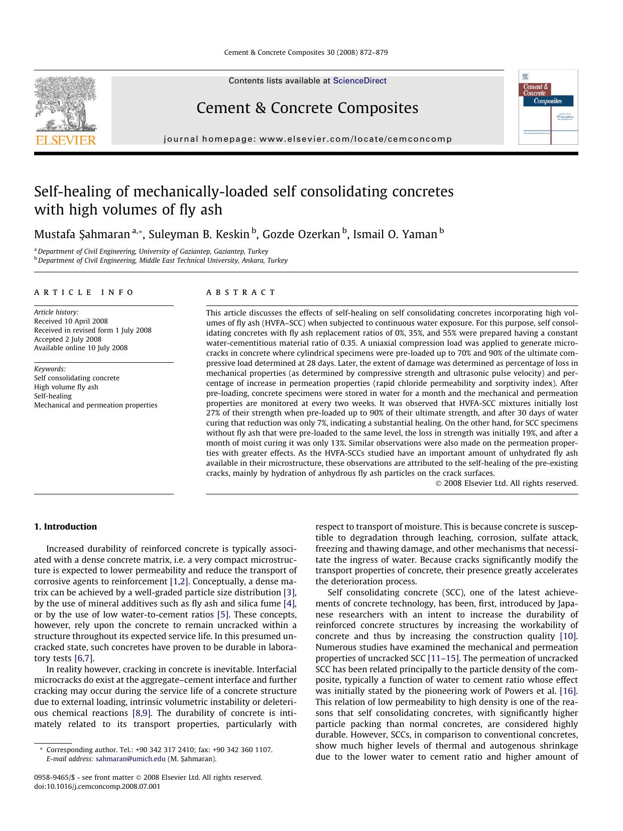 Self-healing of mechanically-loaded self consolidating concretes with high volumes of fly ash by Mustafa Şahmaran; Suleyman B. Keskin; Gozde Ozerkan; Ismail O. Yaman
