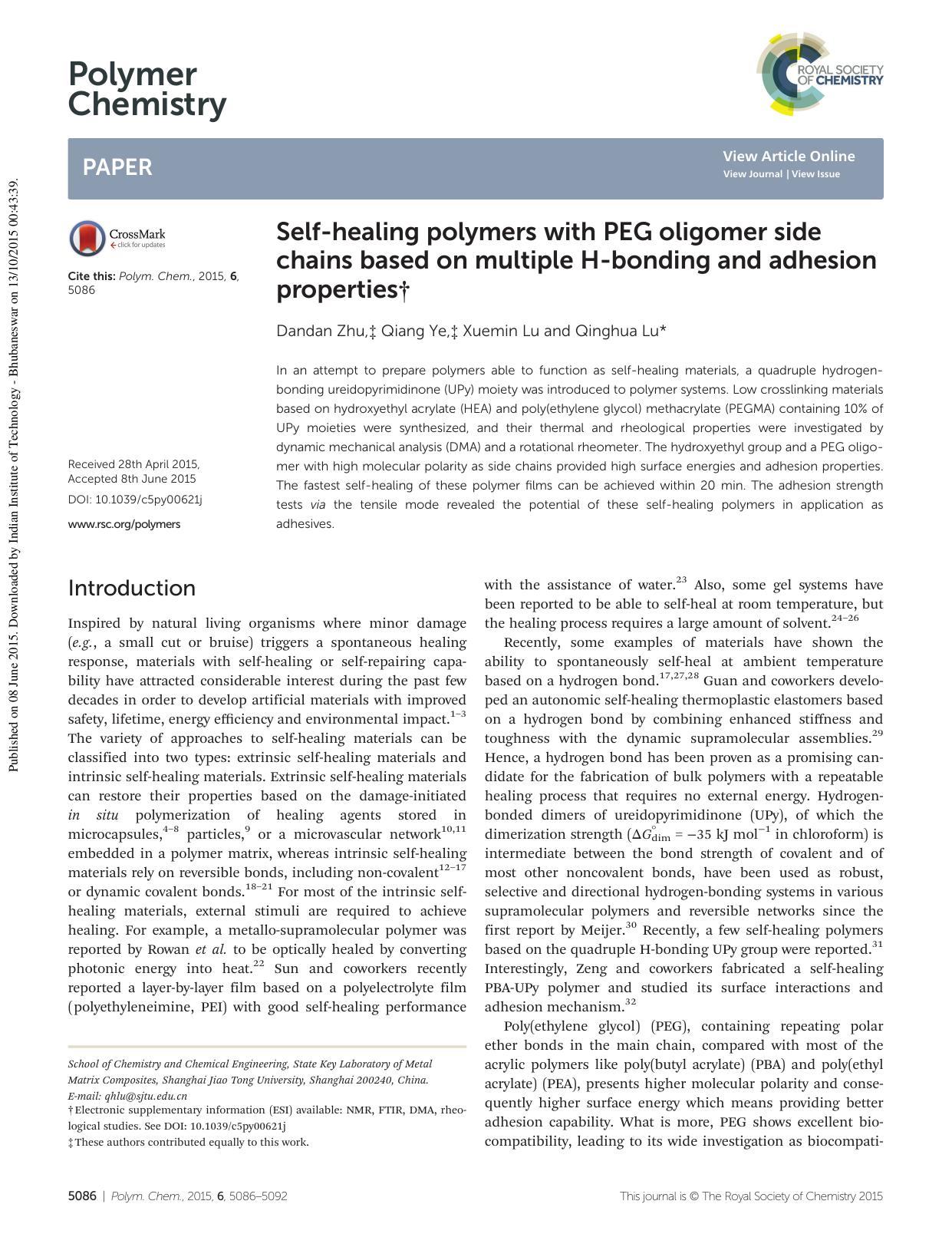 Self-healing polymers with PEG oligomer side chains based on multiple H-bonding and adhesion properties by Dandan Zhu Qiang Ye Xuemin Lu Qinghua Lu