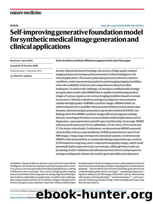 Self-improving generative foundation model for synthetic medical image generation and clinical applications by unknow