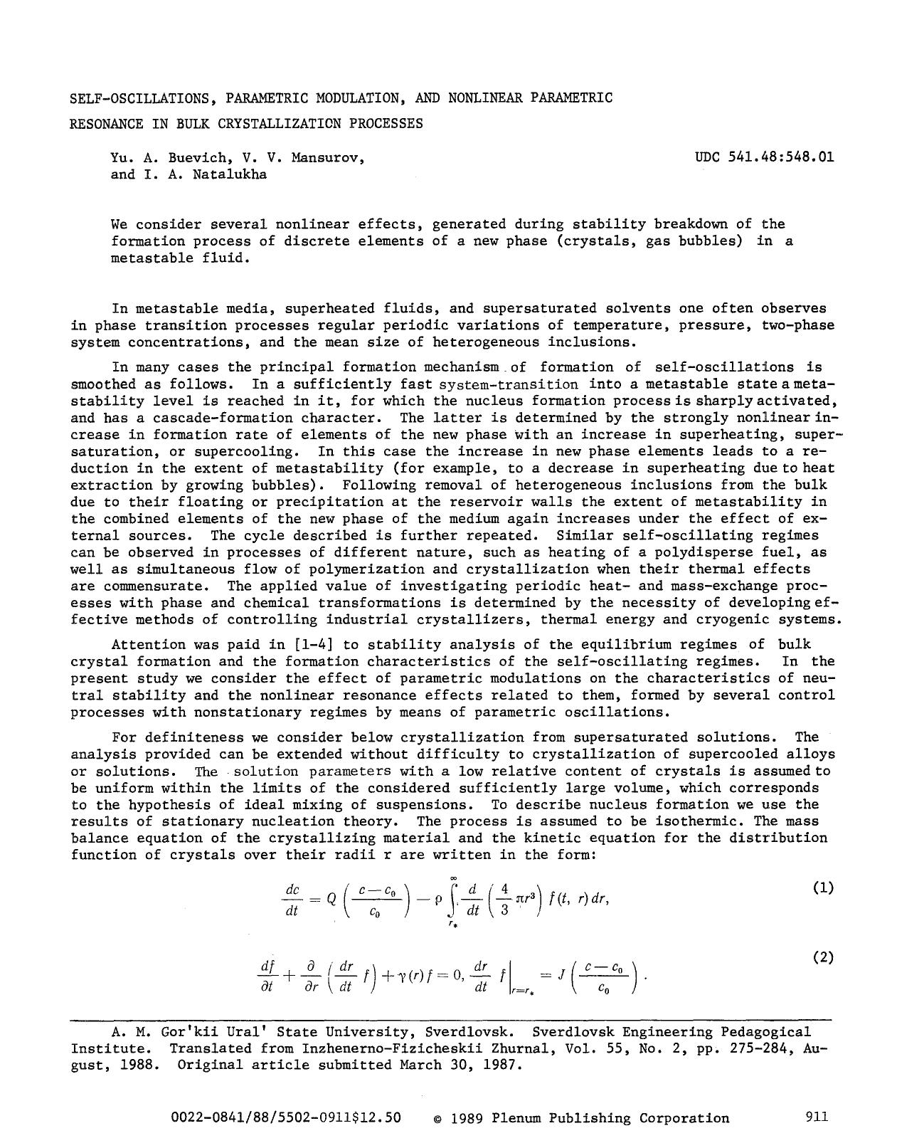 Self-oscillations, parametric modulation, and nonlinear parametric resonance in bulk crystallization processes by Unknown