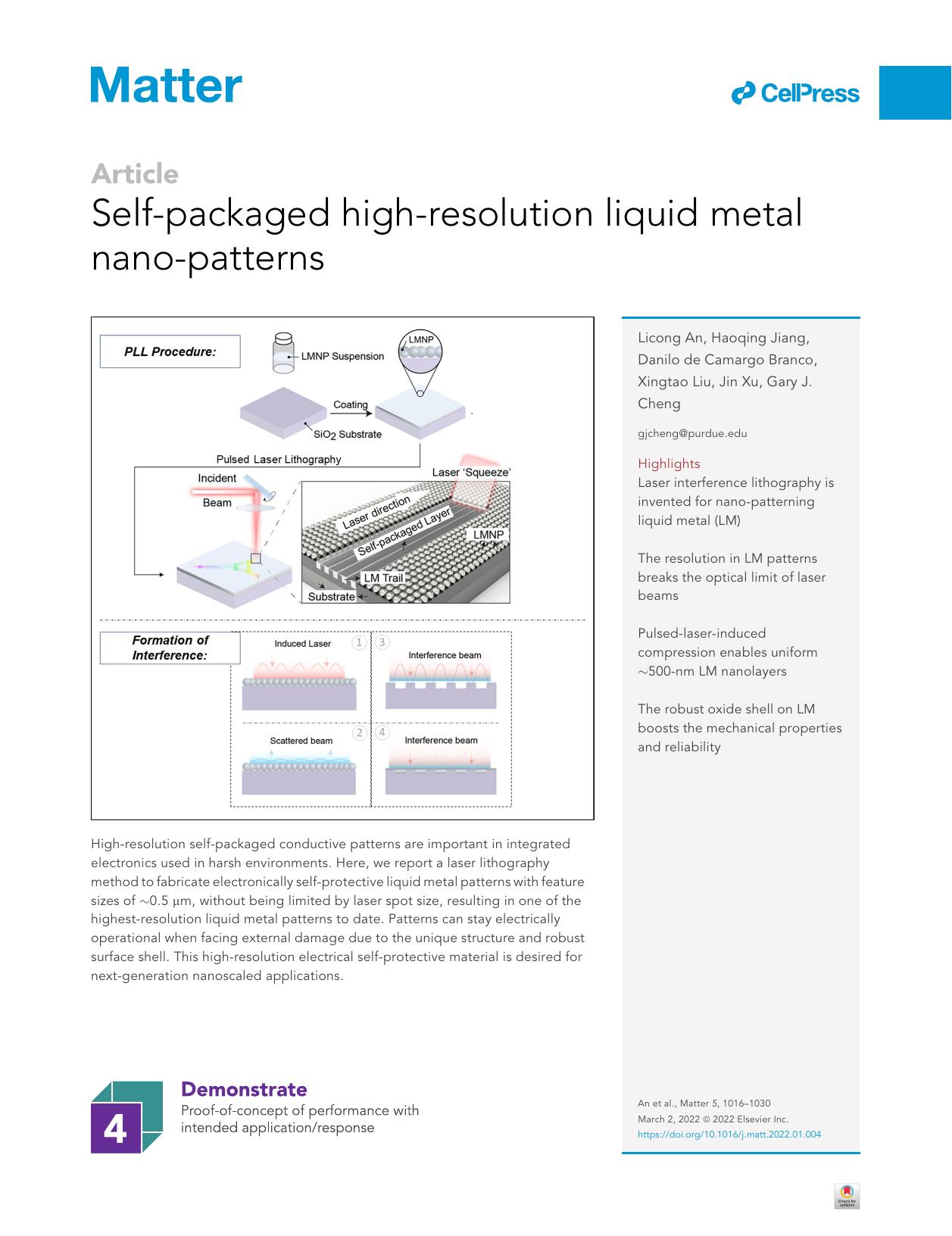 Self-packaged high-resolution liquid metal nano-patterns by Licong An & Haoqing Jiang & Danilo de Camargo Branco & Xingtao Liu & Jin Xu & Gary J. Cheng