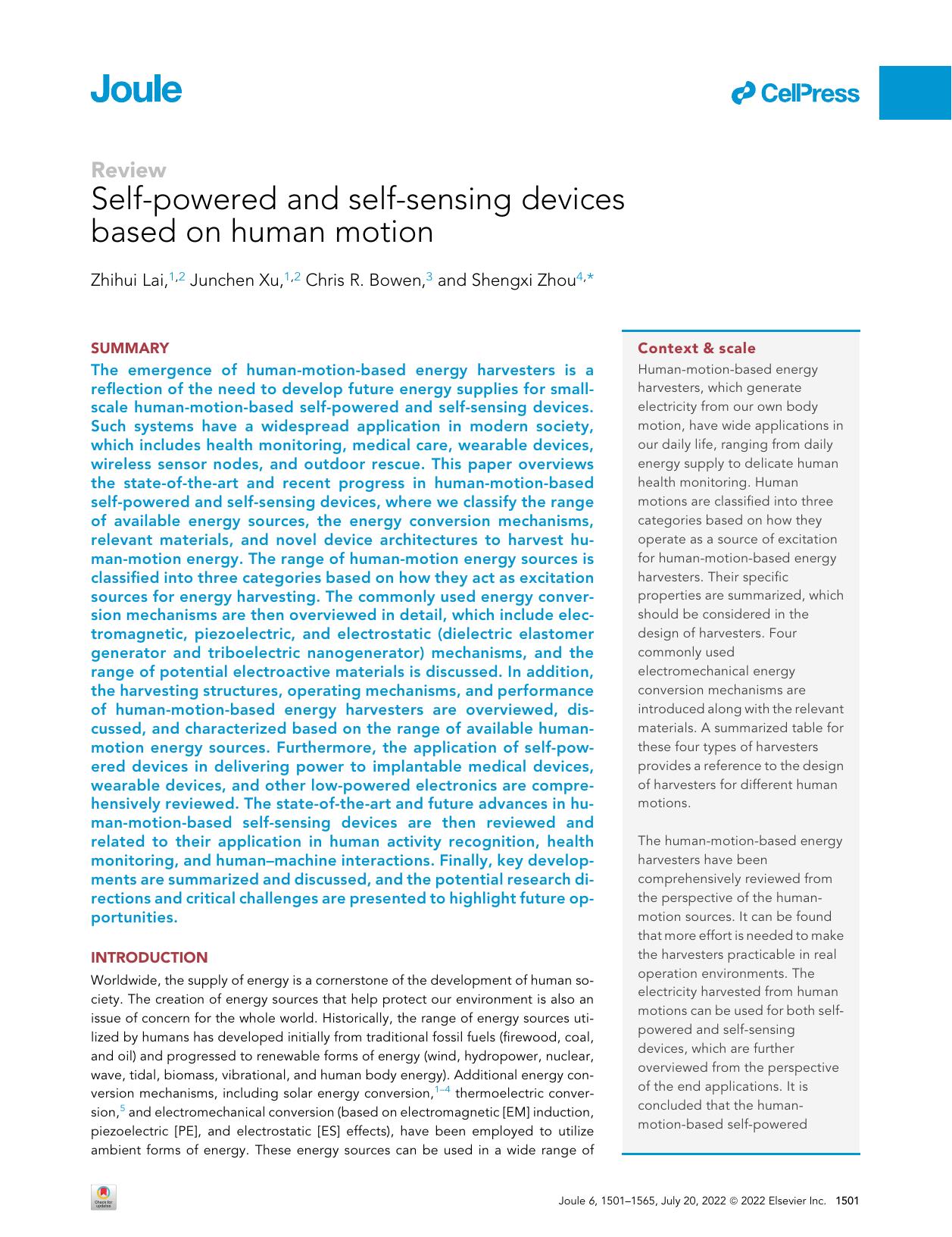 Self-powered and self-sensing devices based on human motion by Zhihui Lai & Junchen Xu & Chris R. Bowen & Shengxi Zhou